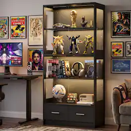 Skyzoo - 5-Tier Glass Display Cabinet with LED Lights, Adjustable Shelves, 2 Drawers, Curio Cabinet for Home or Office - Black