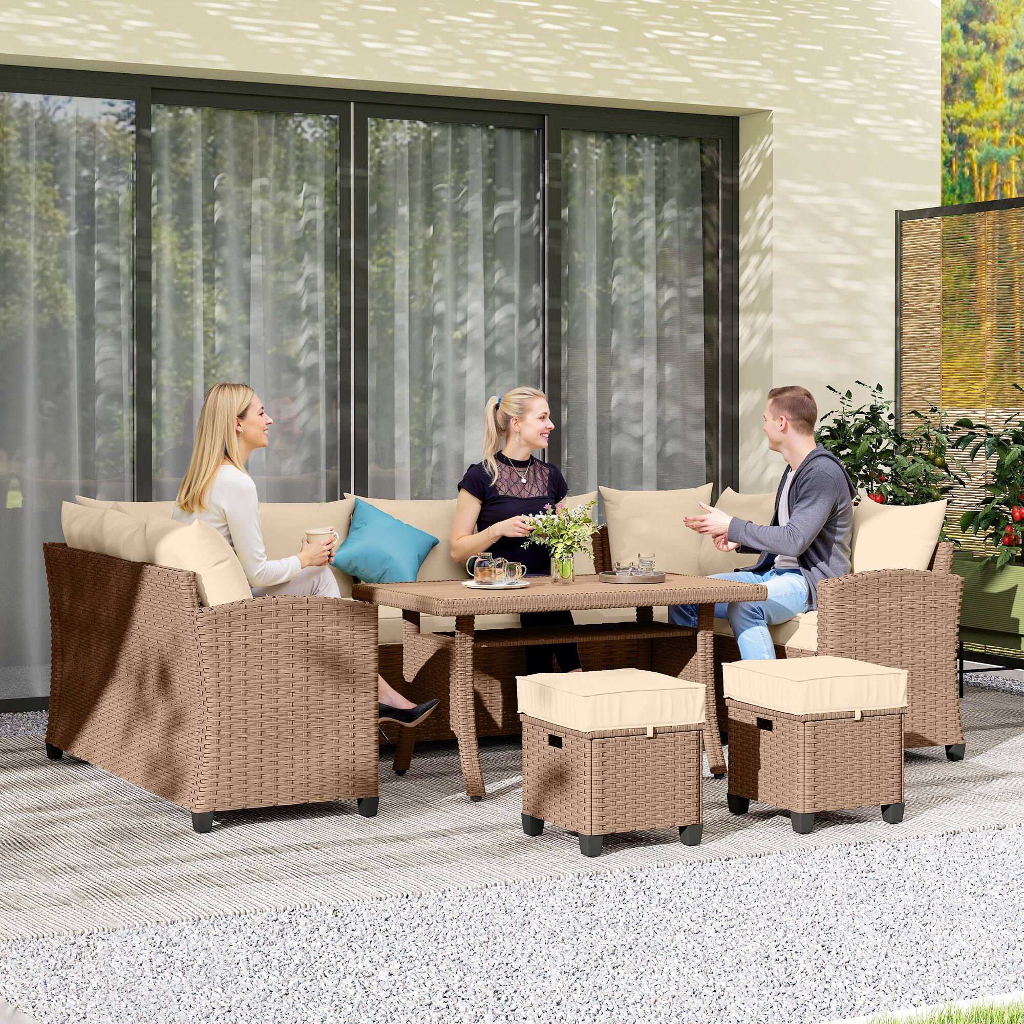 Alt View 1. Outsunny - 6 Piece Patio Furniture Set, PE Wicker Outdoor Furniture Conversation Set with 3 Sofas - Khaki.