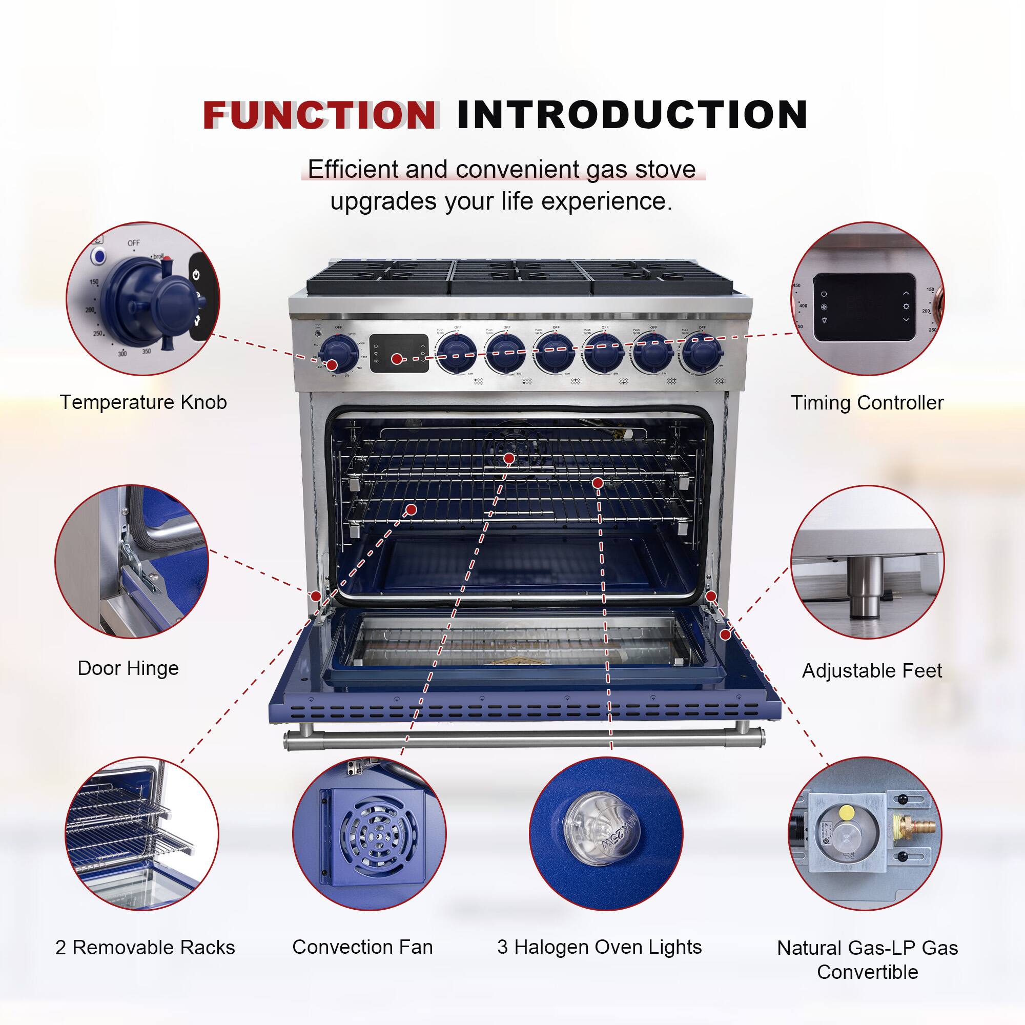 FUNCTION INTRODUCTION  
Efficient and convenient gas stove upgrades your life experience.

- Temperature Knob
- Timing Controller
- Door Hinge
- Adjustable Feet
- 2 Removable Racks
- Convection Fan
- 3 Halogen Oven Lights
- Natural Gas-LP Gas Convertible