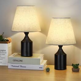 Oumilen - Set of 2 Black Metal Table Lamps with Linen Shade, E26 Socket, 13.4in Tall Bedside Lamps for Bedroom Living Room