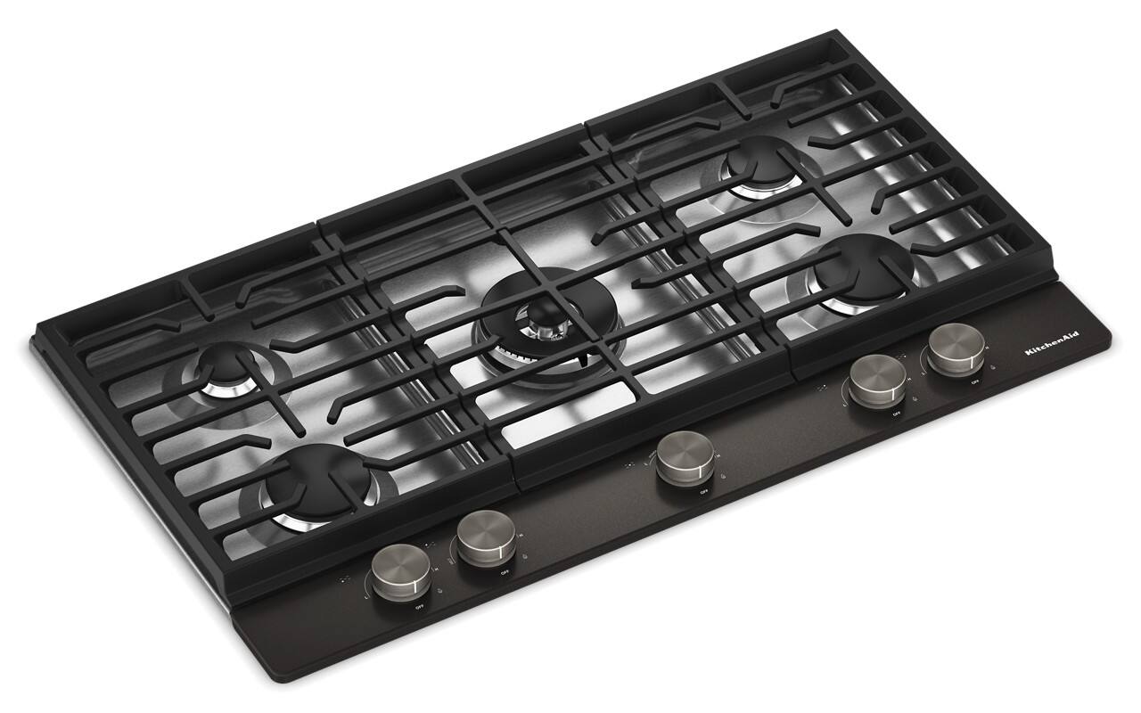 Angle. KitchenAid - 36" Gas Cooktop with 5 Burners and Integrated Wok Grate - Black Ore.
