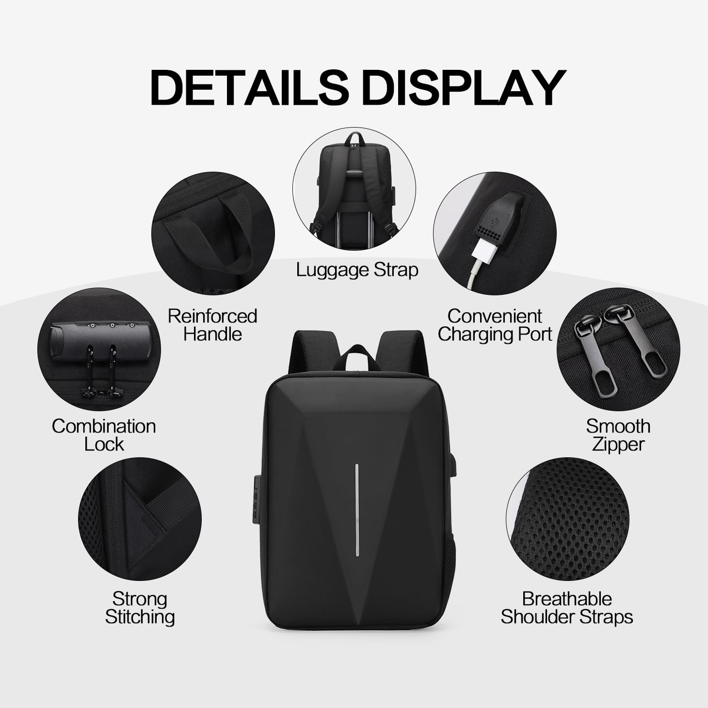 DETAILS DISPLAY

- Reinforced Handle
- Luggage Strap
- Convenient Charging Port
- Combination Lock
- Smooth Zipper
- Strong Stitching
- Breathable Shoulder Straps