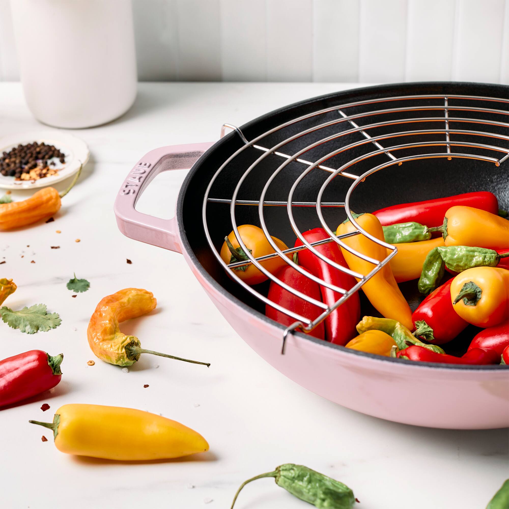 Alt View 5. Staub - Staub Cast Iron Perfect Pan , Wok, 4.5-quart,  serves 4-5, Made in France, Peony Pink - Pink Peony.