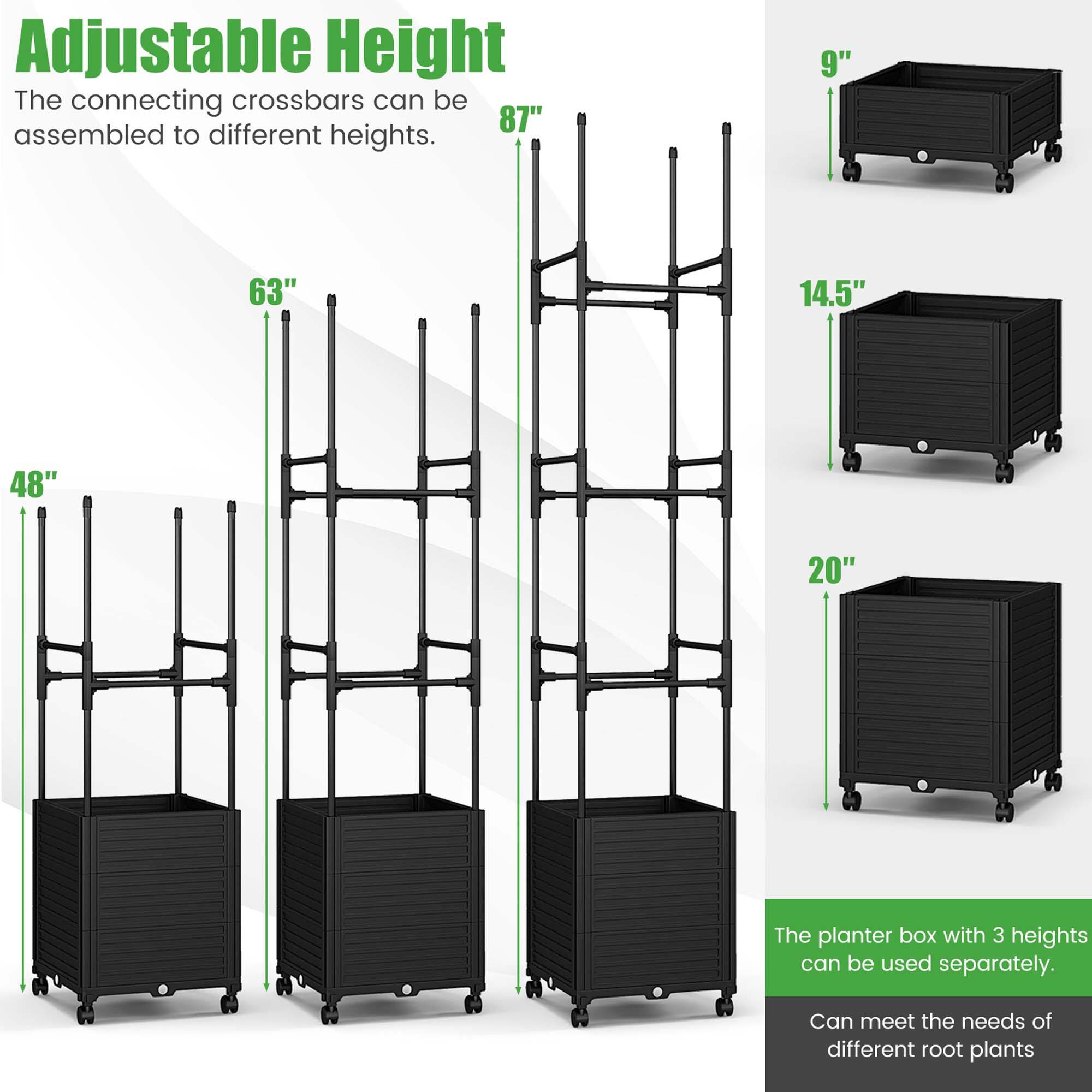 Adjustable Height: The connecting crossbars can be assembled to different heights, with a total of 87". The planter box with 3 heights can be used separately, catering to the needs of various root plants.