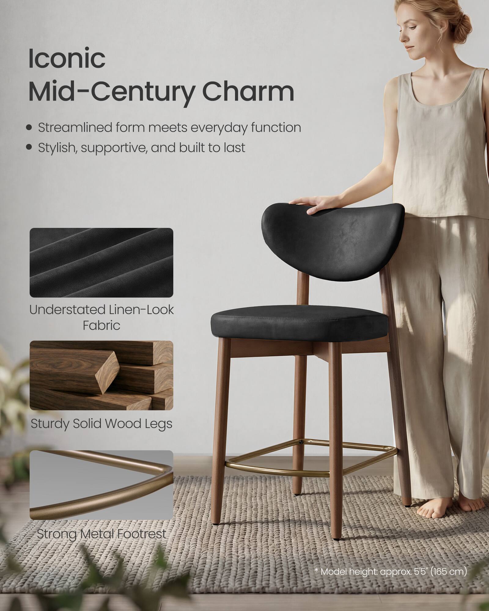 Iconic Mid-Century Charm

- Streamlined form meets everyday function
- Stylish, supportive, and built to last

Understated Linen-Look Fabric

Sturdy Solid Wood Legs

Strong Metal Footrest

Model height: approx. 55" (165 cm)