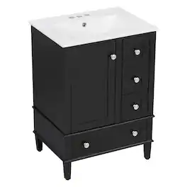 Ecooso - 24" Bathroom Vanity with Ceramic Basin, Freestanding Cabinet with Soft-Close Door, 3 Drawers & Door Rack - Black