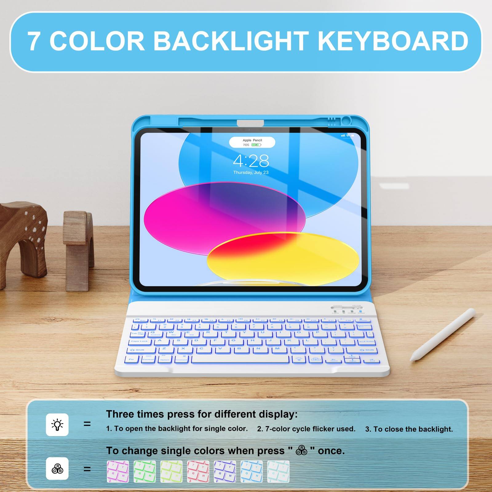 7 COLOR BACKLIGHT KEYBOARD

Three times press for different display:
1. To open the backlight for single color.
2. 7-color cycle flicker used.
3. To close the backlight.

To change single colors when press "P" once.