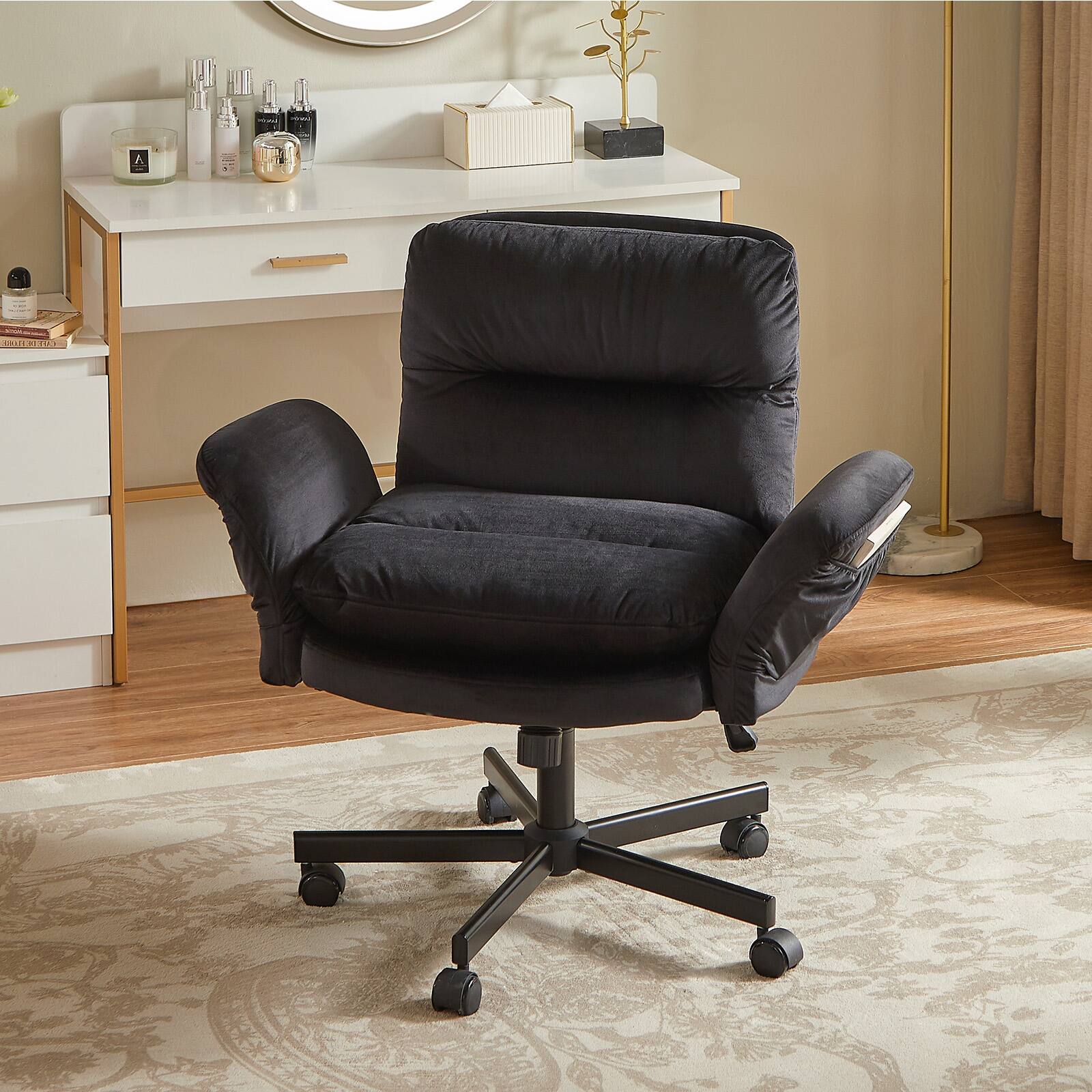 Left. Bestier - Ergonomic Cross-Legged Office Chair with Flip-Up Arms, Swivel Wheels & Adjustable Backrest for Computer Office Desk - Black Suede.