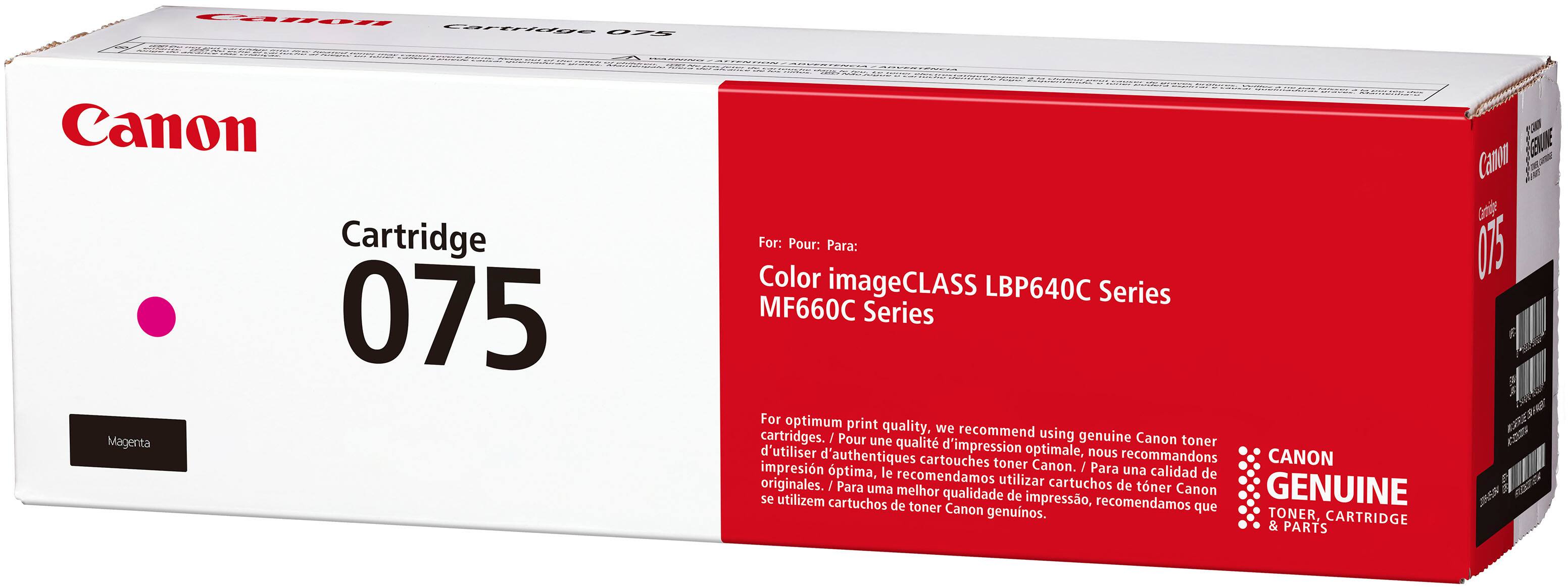 Canon  
Cartridge 075  
Magenta  

For: Pour: Para:  
Color imageCLASS LBP640C Series  
MF660C Series  

For optimum print quality, we recommend using genuine Canon toner cartridges.  
Pour une qualité d'impression optimale, nous recommandons d'utiliser des cartouches toner Canon originales.  
Para una calidad de impresión óptima, recomendamos utilizar cartuchos de toner Canon genuinos.  

CANON GENUINE TONER, CARTRIDGE & PARTS