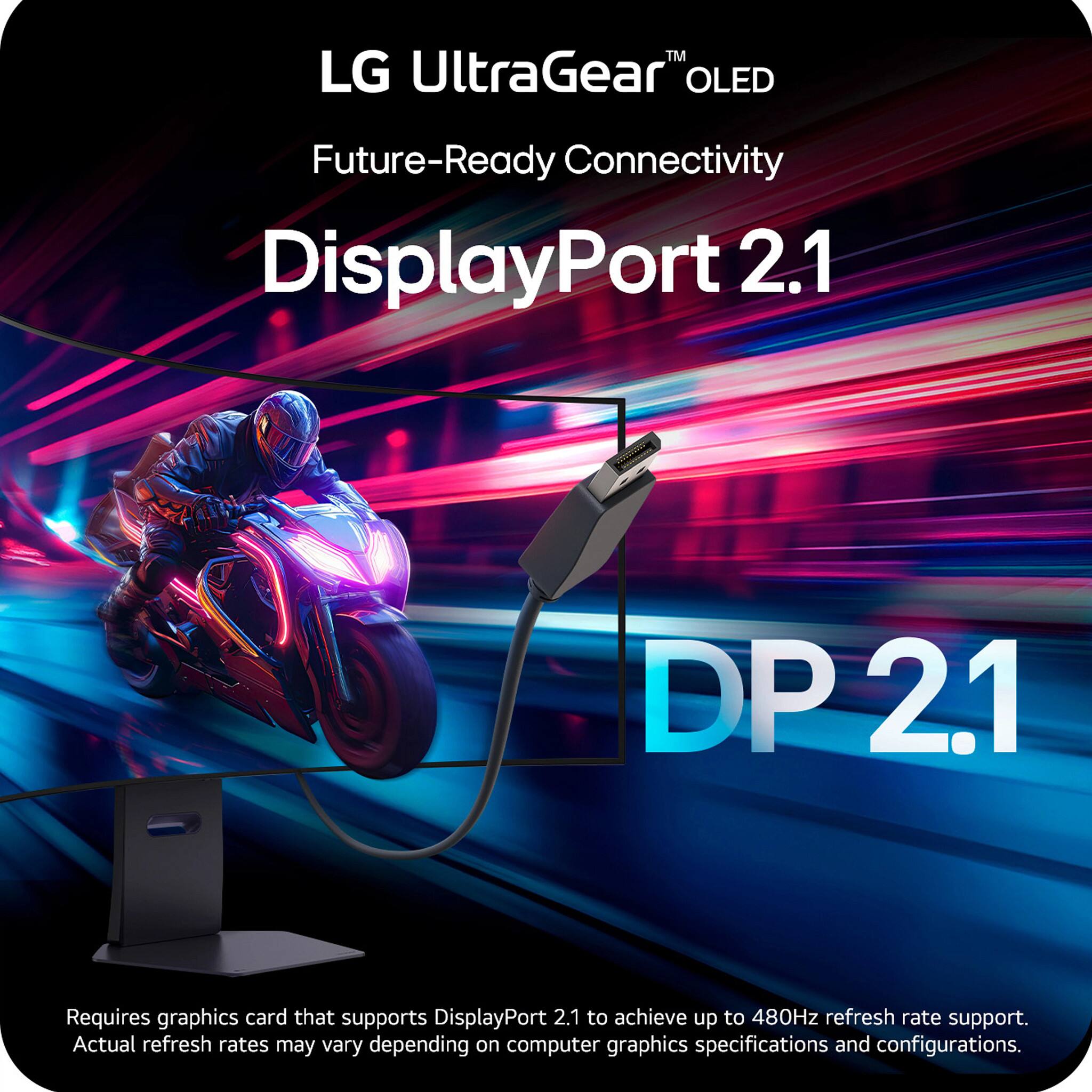 LG UltraGear™ OLED  
Future-Ready Connectivity  

DisplayPort 2.1  

DP 2.1  

Requires graphics card that supports DisplayPort 2.1 to achieve up to 480Hz refresh rate support.  
Actual refresh rates may vary depending on computer graphics specifications and configurations.