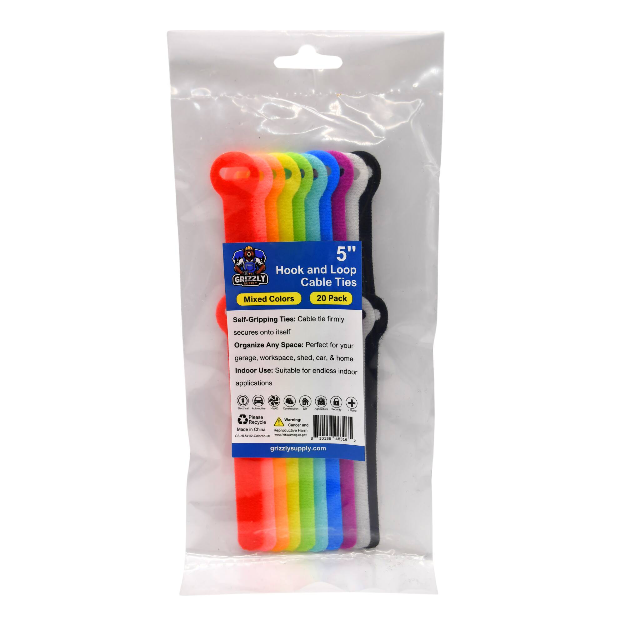 5" Hook and Loop GRIZZLY Cable Ties Mixed Colors 20 Pack Self-Gripping Ties: Cable tie firmly secures onto itself. Organize Any Space: Perfect for your garage, workspace, shed, car & home. Indoor Use: Suitable for endless indoor applications. Please Recycle. Cancer and Childhood Leukemia. grizzlysupply.com