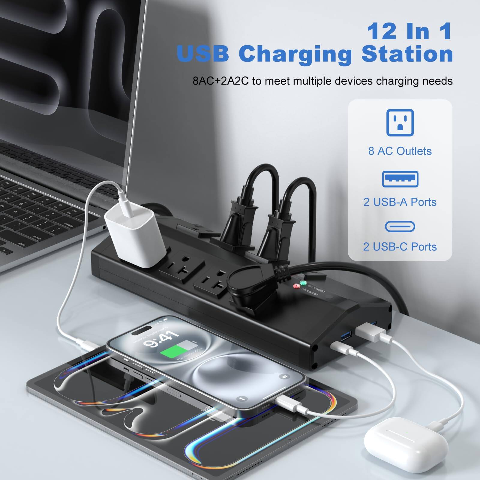 12 In 1 USB Charging Station  
8AC+2A2C to meet multiple devices charging needs  
8 AC Outlets  
2 USB-A Ports  
2 USB-C Ports