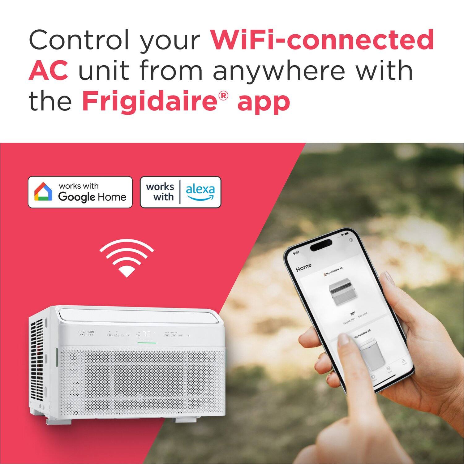Control your WiFi-connected AC unit from anywhere with the Frigidaire® app

works with Google Home
works with alexa

Home
- Solo mini AC
  - 40°F
  - Target 10°F
  - Fan speed: auto
- Solo mini AC