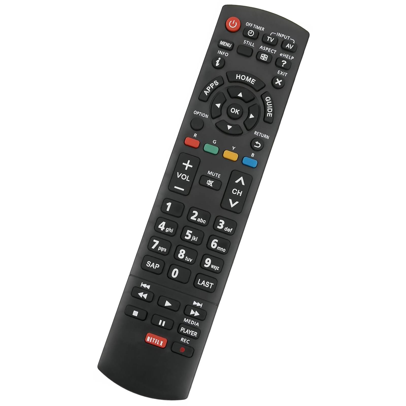 Sure, here is the corrected and grouped text from the image:

**Top Row:**
- OFF TIMER
- INPUT
- TV
- AV
- ASPECT
- eHELP
- EXIT
- MENU
- STILL
- INFO
- HOME
- GUIDE
- RETURN
- OK
- APPS
- OPTION
- eHELP
- EXIT
- HOME
- GUIDE
- RETURN
- OK
- APPS
- OPTION

**Middle Row:**
- VOL
- MUTE
- CH
- 1
- 2 abc
- 3 def
- 4 ghi
- 5 jkl
- 6 mno
- 7 pqrs
- 8 tuv
- 9 wxyz
- 0
- LAST
- NETFLIX
- MEDIA PLAYER
- REC

**Bottom Row:**
- SAP
- MEDIA PLAYER
- REC
- NETFLIX