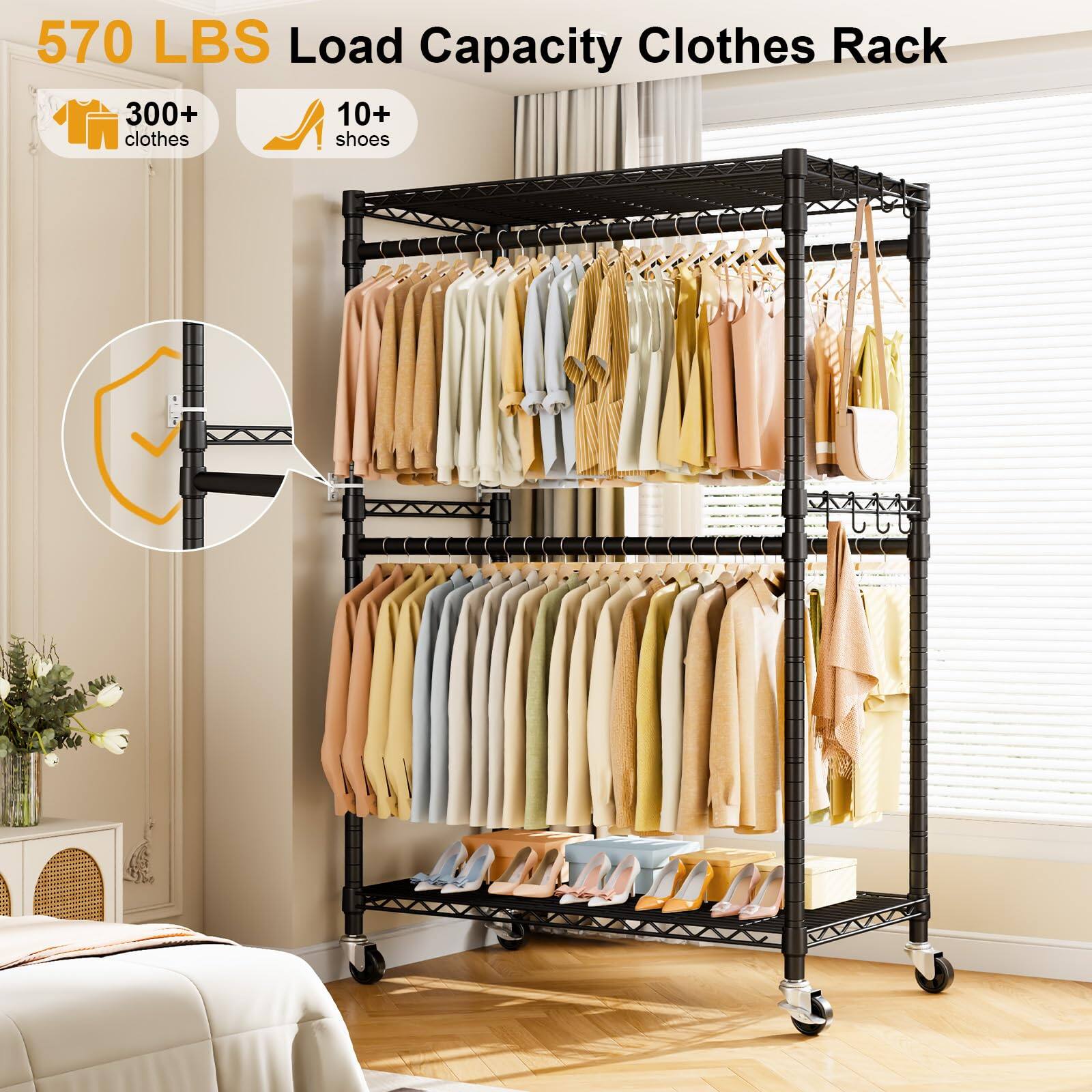 570 LBS Load Capacity Clothes Rack

- 300+ clothes
- 10+ shoes