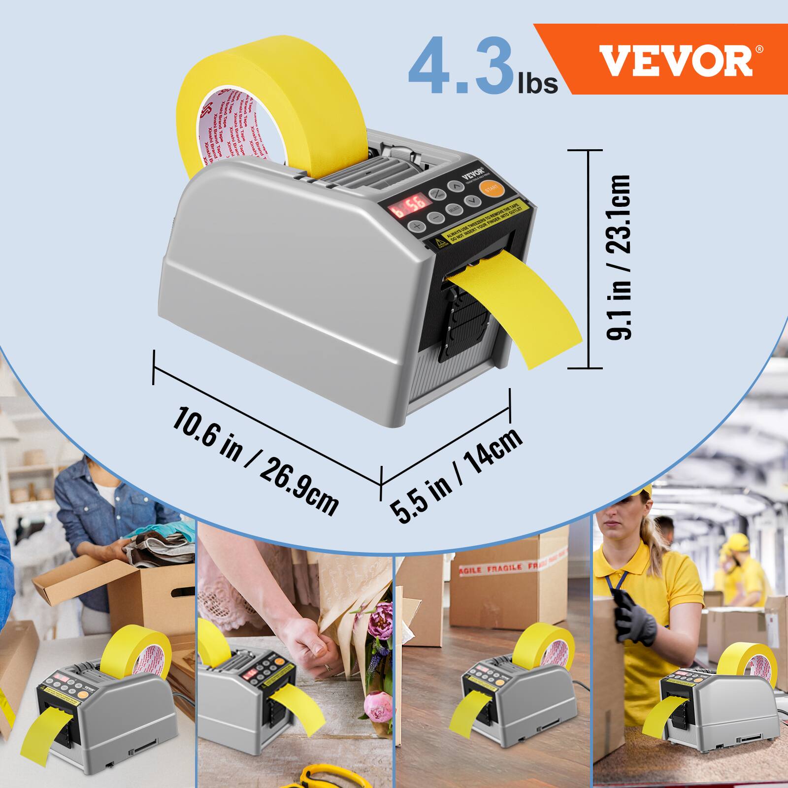 4.3 lbs  
VEVOR  
9.1 in / 23.1 cm  
10.6 in / 26.9 cm  
5.5 in / 14 cm  
FRAGILE