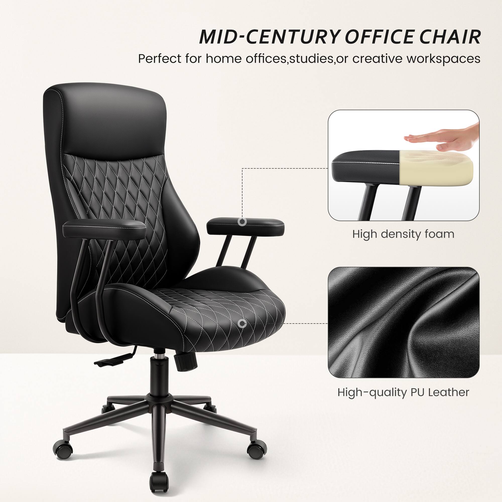 MID-CENTURY OFFICE CHAIR  
Perfect for home offices, studies, or creative workspaces  

High density foam  
High-quality PU Leather