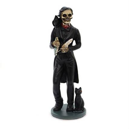 Front. Pacific Trading - Gothic Day Of The Dead Edgar Allan Poe Statue With Raven Skeleton Figurine 5.5 inch.