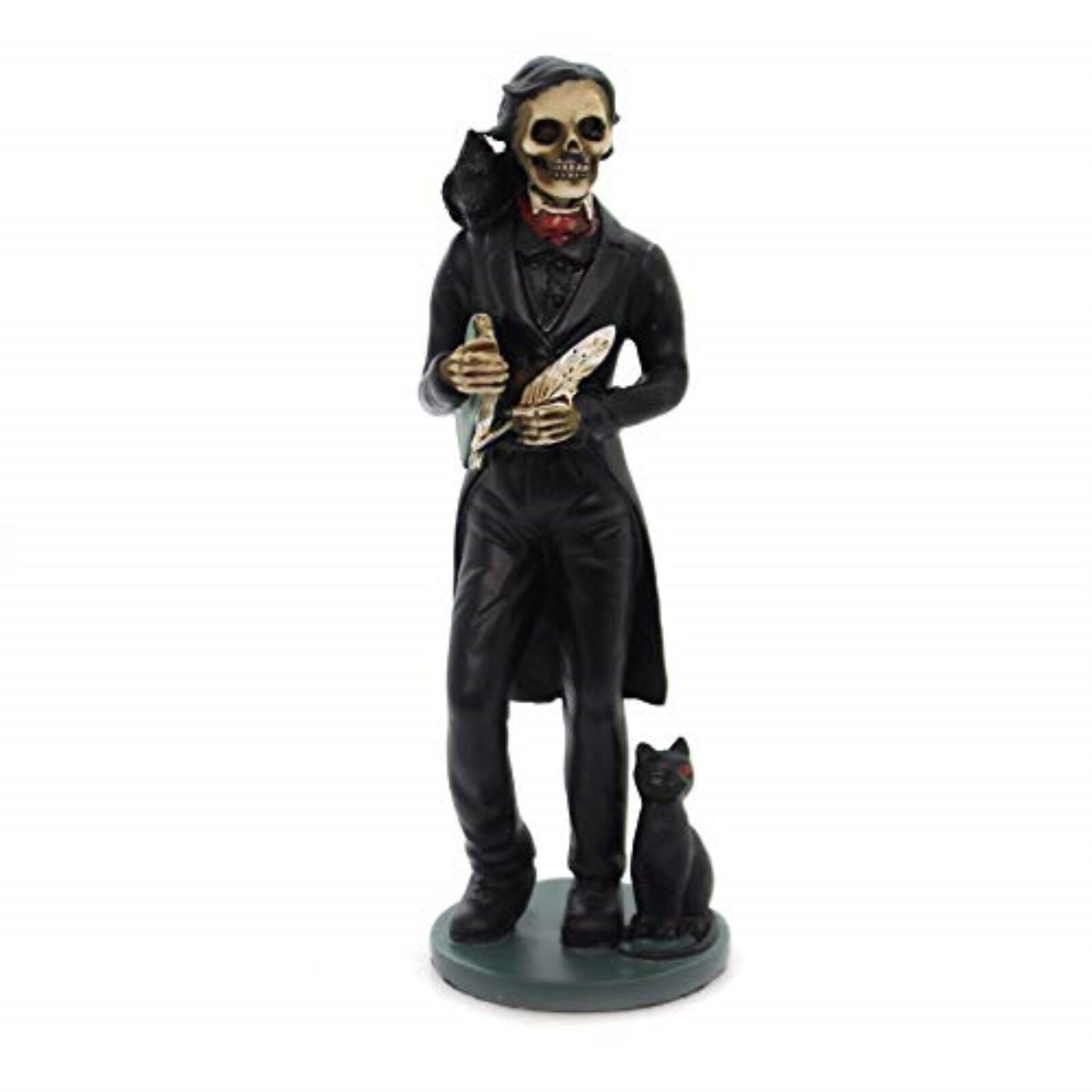 Front. Pacific Trading - Gothic Day Of The Dead Edgar Allan Poe Statue With Raven Skeleton Figurine 5.5 inch.