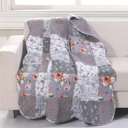 Front. Barefoot Bungalow - Greenland Home Fashions Barefoot Bungalow Giulia Fabulous Floral Quilted Throw Blanket - 50x60", Gray - Gray.