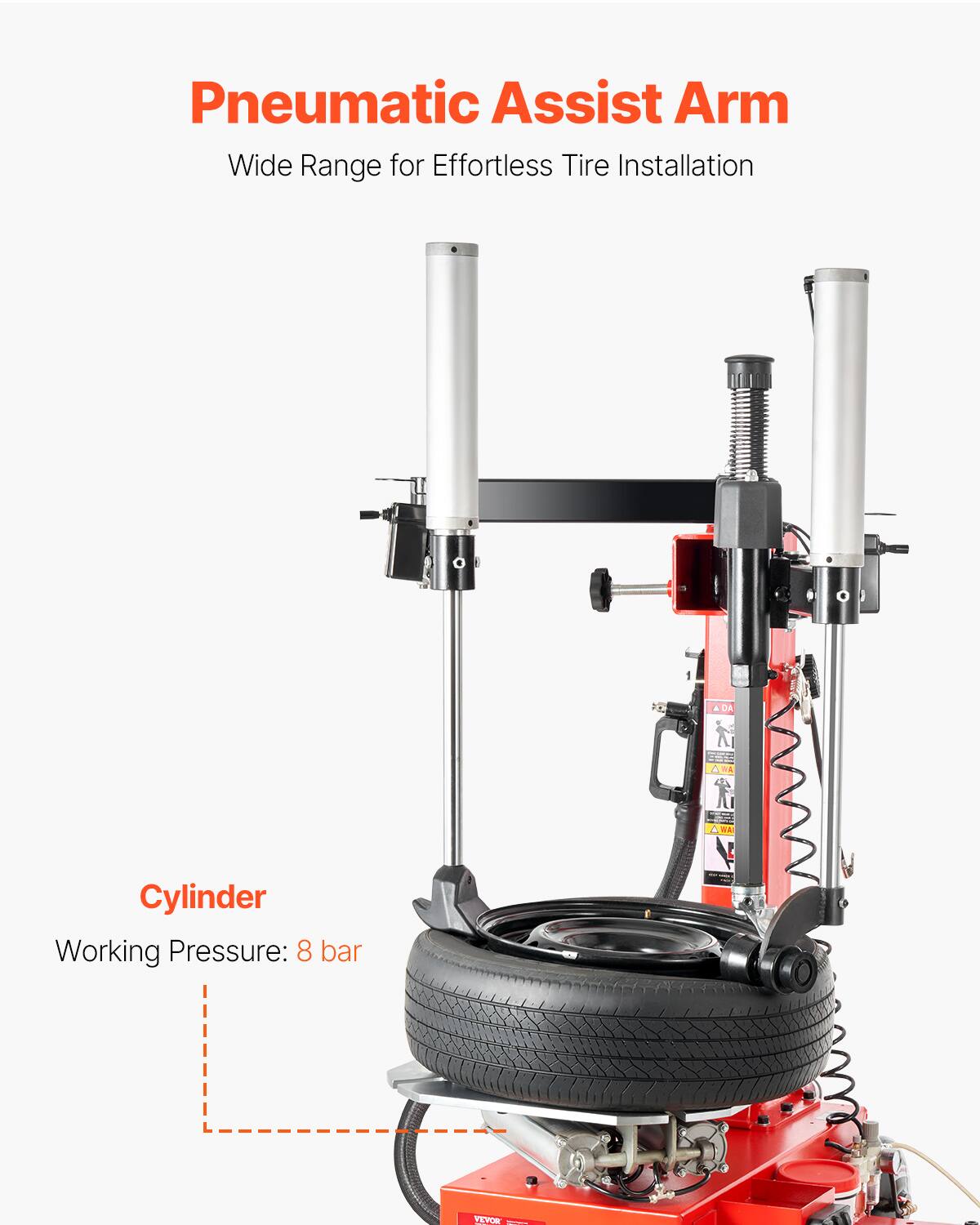 Pneumatic Assist Arm  
Wide Range for Effortless Tire Installation  

Cylinder  
Working Pressure: 8 bar
