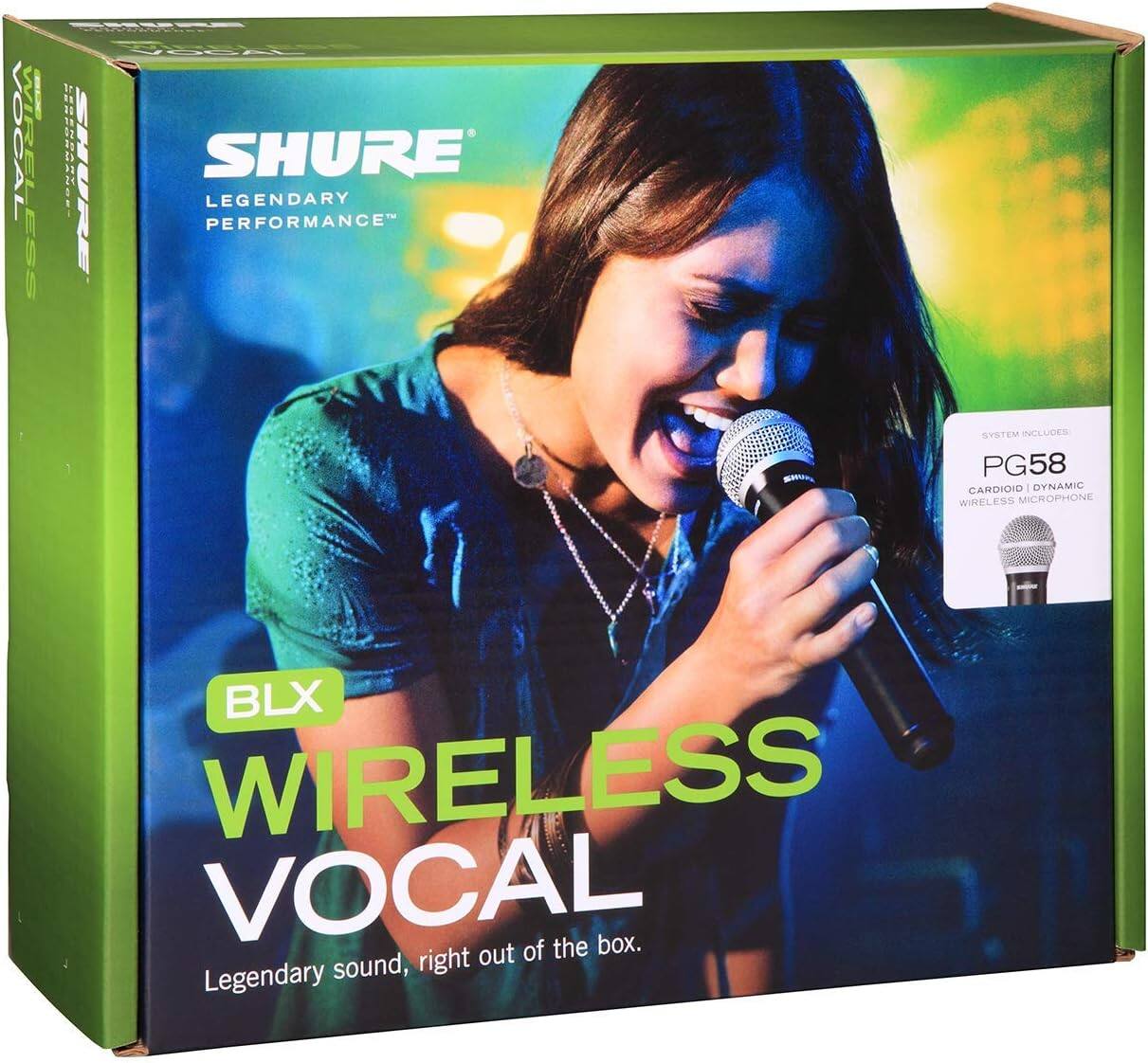 SHURE  
LEGENDARY PERFORMANCE™  

BLX WIRELESS VOCAL  

Legendary sound, right out of the box.  

SYSTEM INCLUDES  
PG58  
CARDIOID | DYNAMIC  
WIRELESS MICROPHONE