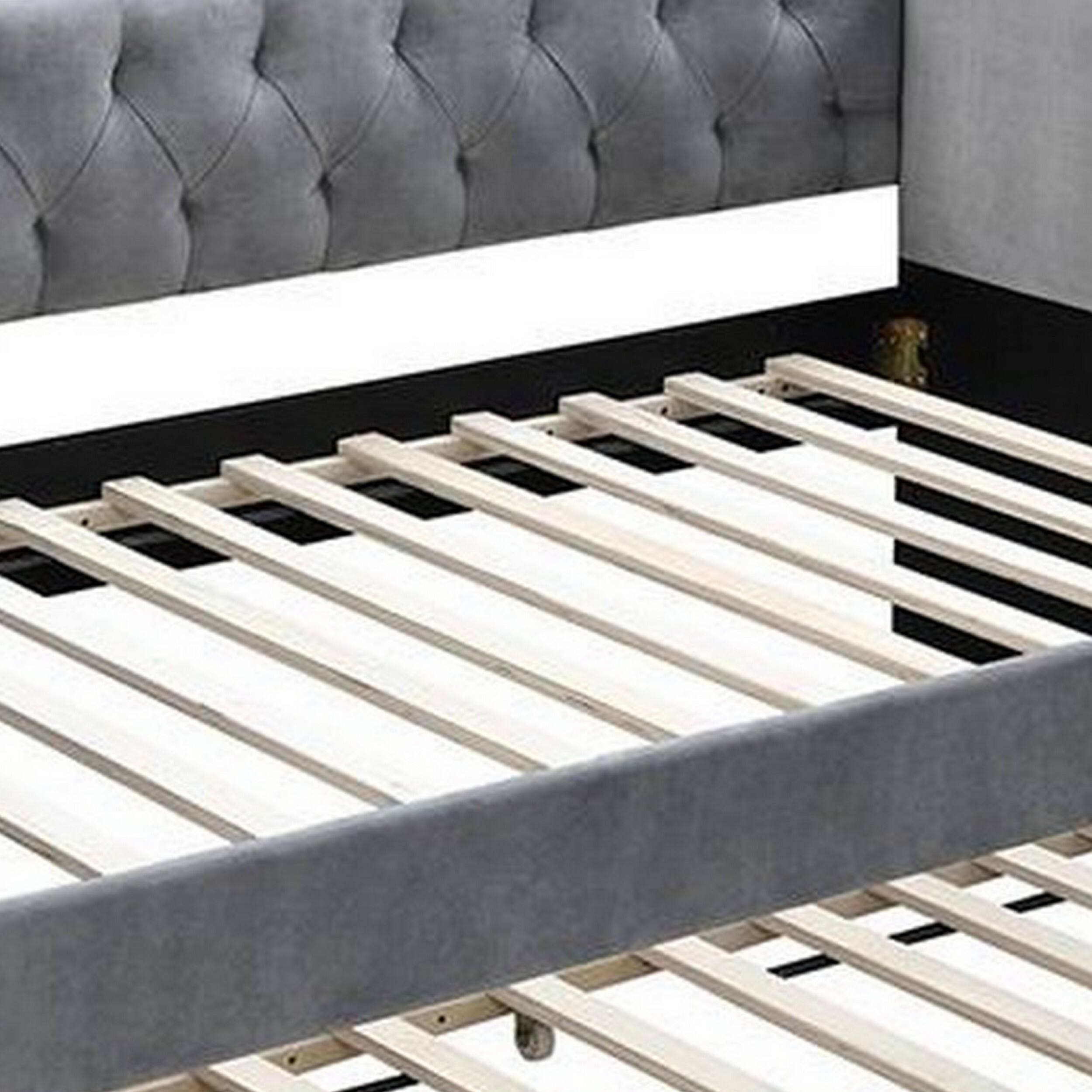 Alt View 3. Manhattan Lane - Ann Modern Wood Day Bed with Trundle, Straight Tufted Back, Gray Burlap - Gray.