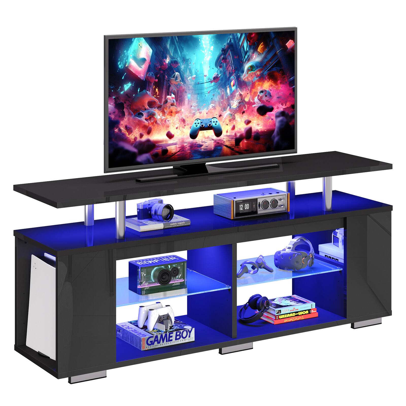 The image features a black entertainment center with a large flat screen TV on top. The TV is displaying a video game, possibly on a Nintendo Game Boy. The entertainment center also has a shelf underneath the TV, which is filled with various items such as books, a camera, and a remote control. There are also several video game controllers placed around the entertainment center, indicating a focus on gaming.