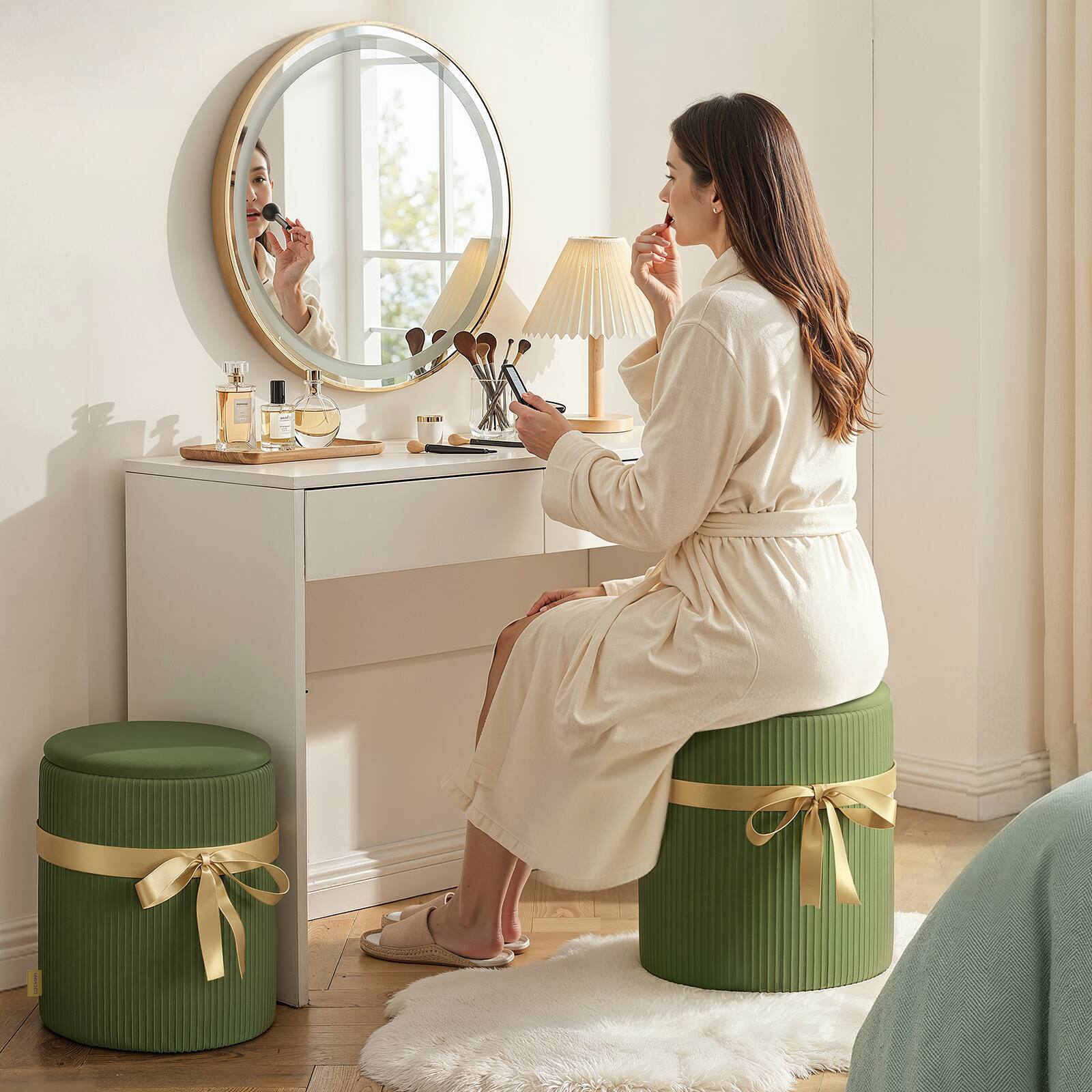 Back. Pinmoco - Pinmoco Round Storage Ottoman Set of 2, Modern Upholstered Foot Rest Stool, 300 lbs Capacity - green.