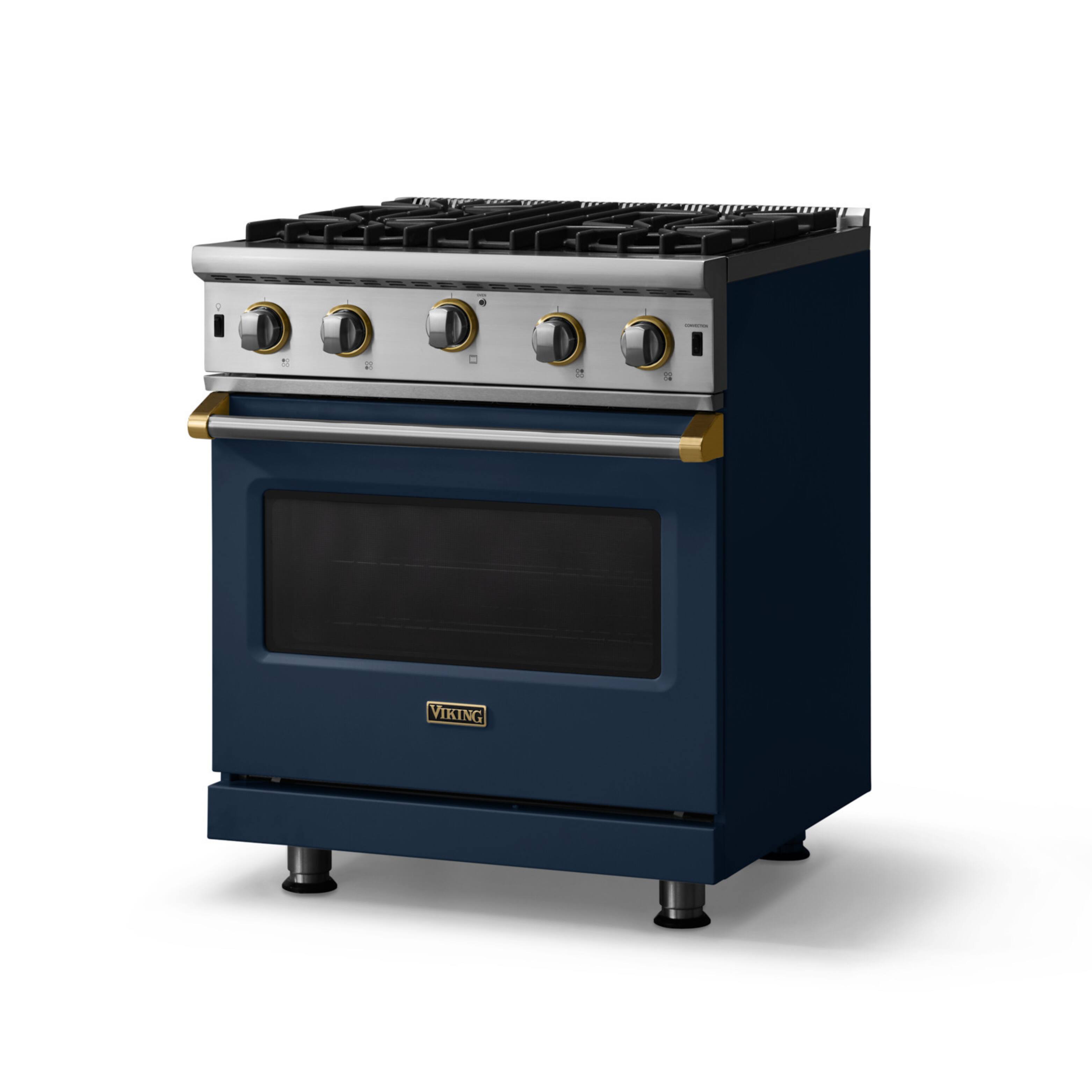 Angle. Viking - 30"W. 4.0 Cu. Ft. Freestanding Self-Clean Open Burner Gas Convection Range - Slate Blue w. Brushed Brass Trim - Slate Blue.