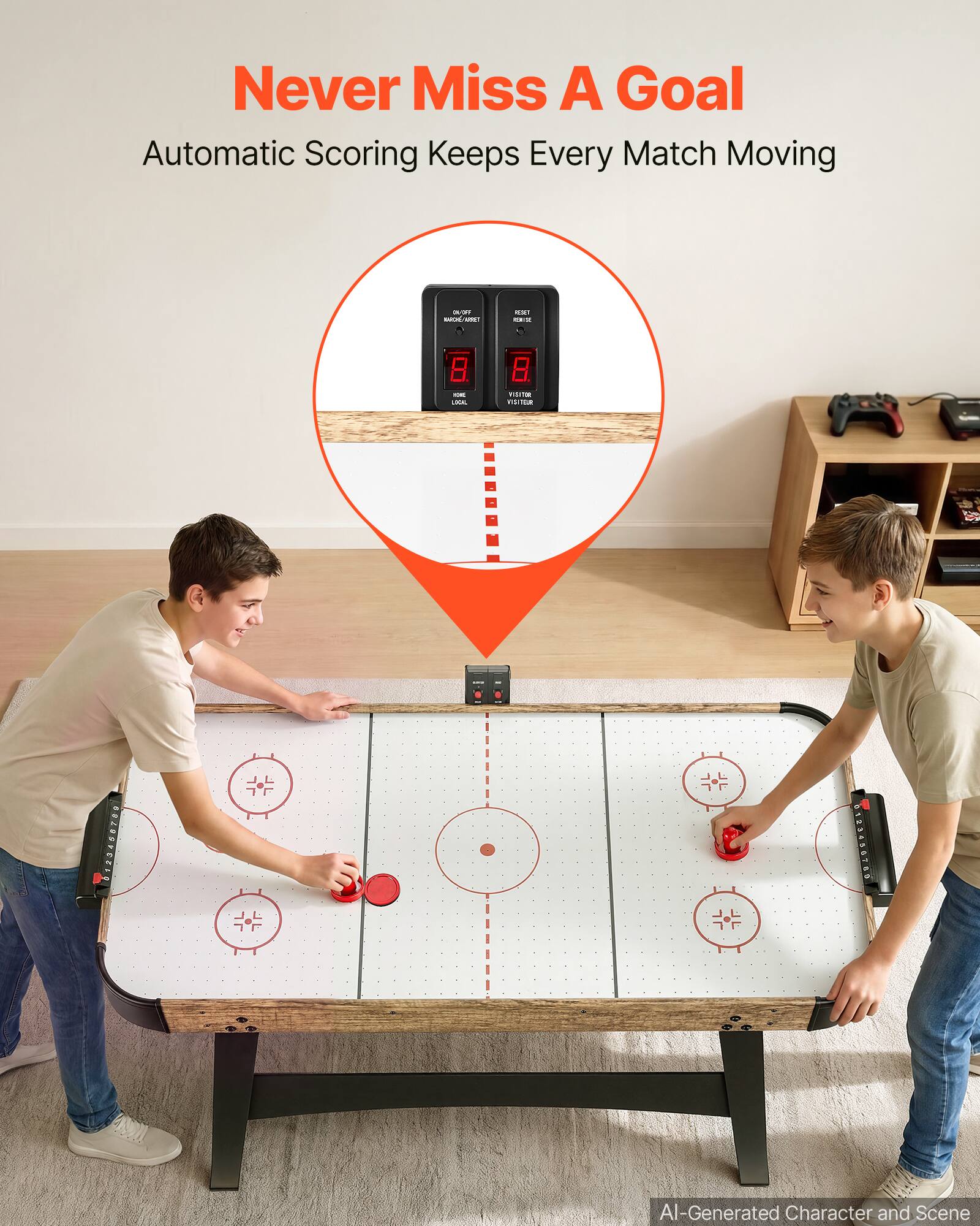 Never Miss A Goal  
Automatic Scoring Keeps Every Match Moving  

MAY WORK WITH  
1 - KONE LEGIL  
VISITOR ROTER  

AI-Generated Character and Scene