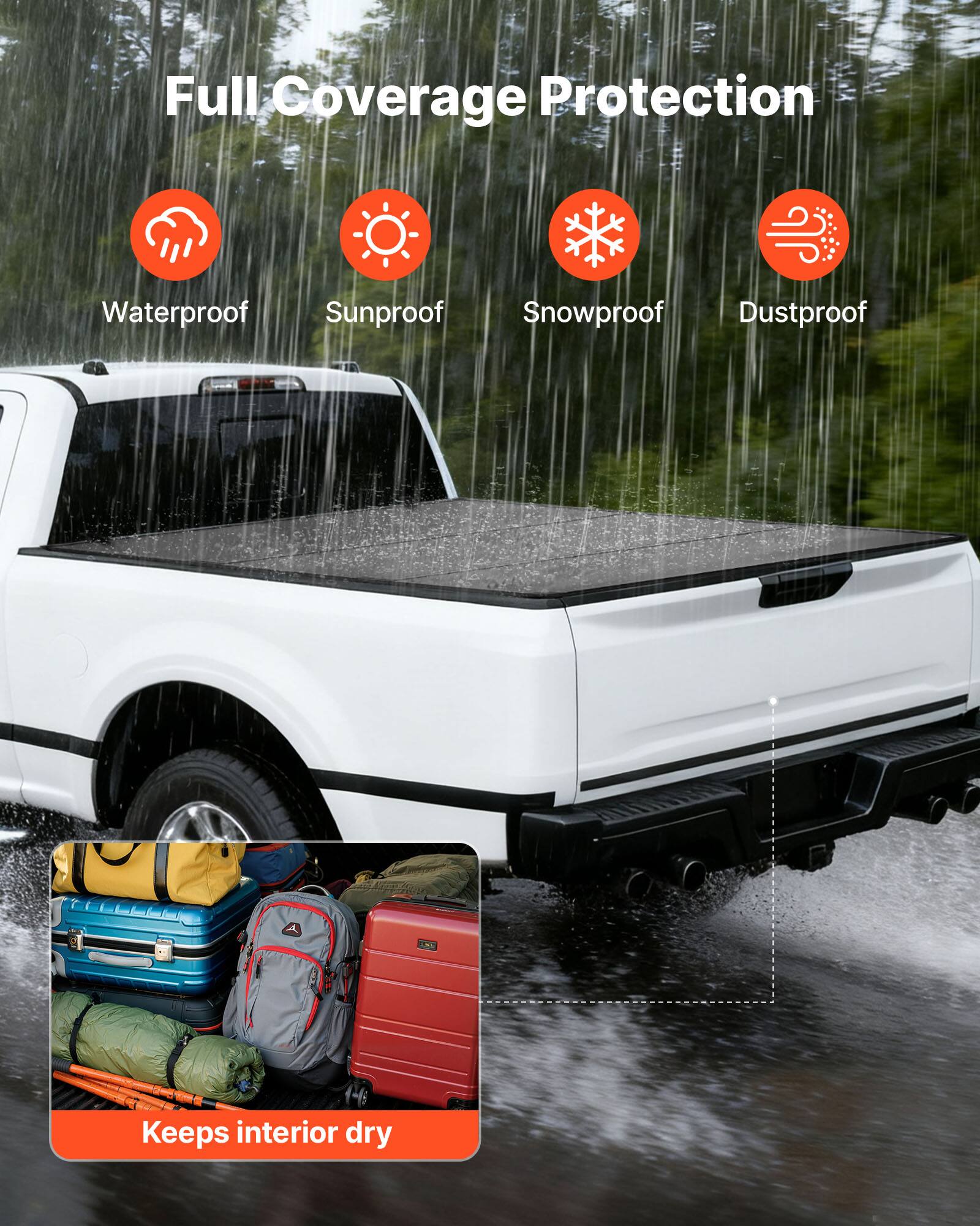 Full Coverage Protection  
Waterproof Sunproof Snowproof Dustproof  
Keeps interior dry
