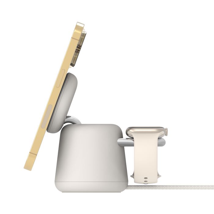 Left. Belkin - BoostCharge Pro 2-in-1 Wireless Charging Dock with MagSafe, 15W - Sand.