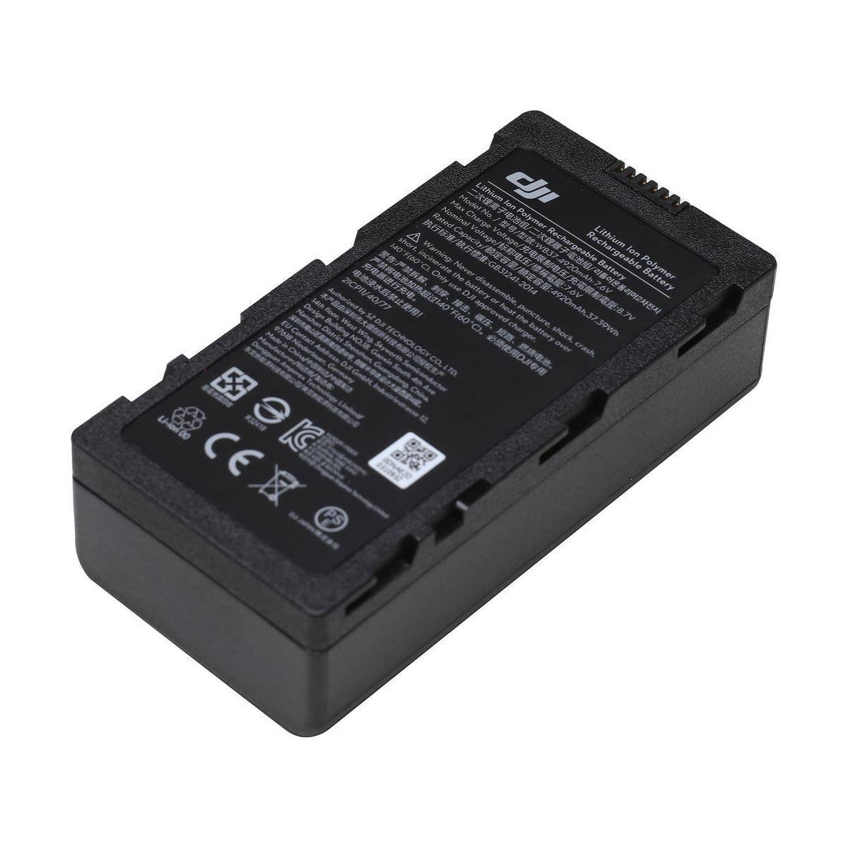Make: DJI  
Model: Lithium Polymer Battery  
Nominal Charge: 12.6V  
Capacity: 4920mAh  
Voltage: 12.6V  
Warning: Never disassemble, puncture, or expose to heat.  
Rechargeable: Yes  
Made in China  
Design: Shenzhen NOIR TECHNOLOGY CO. LTD  
Address: Shenzhen, China  
CE, FCC, RoHS, and other certifications present