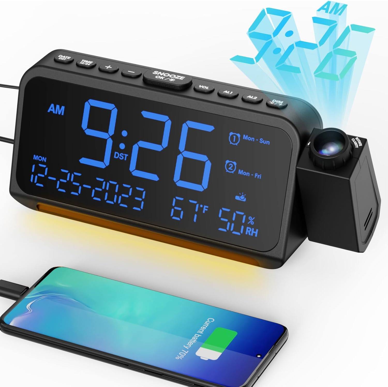 Stamp n Camp - Projection Alarm Clock for Bedroom Ceiling, Digital Projector with Weekday/Weekend Mode, Date, Temperature, Humidity - Blue Digit+blue Projection