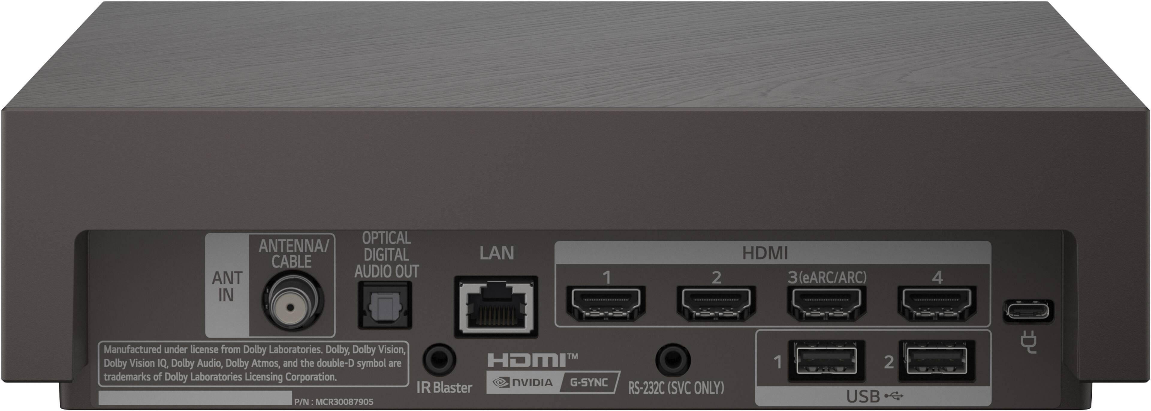 OPTICAL ANTENNA/CABLE DIGITAL AUDIO OUT  
ANT IN  

LAN  

HDMI  
1  
2  
3 (eARC/ARC)  
4  

USB  

NVIDIA G-SYNC  
IR Blaster  
RS-232C (SVC ONLY)  

Manufactured under license from Dolby Laboratories. Dolby, Dolby Vision, Dolby Vision IQ, Dolby Audio, Dolby Atmos, and the double-D symbol are trademarks of Dolby Laboratories Licensing Corporation.  

P/N: MCR30087905