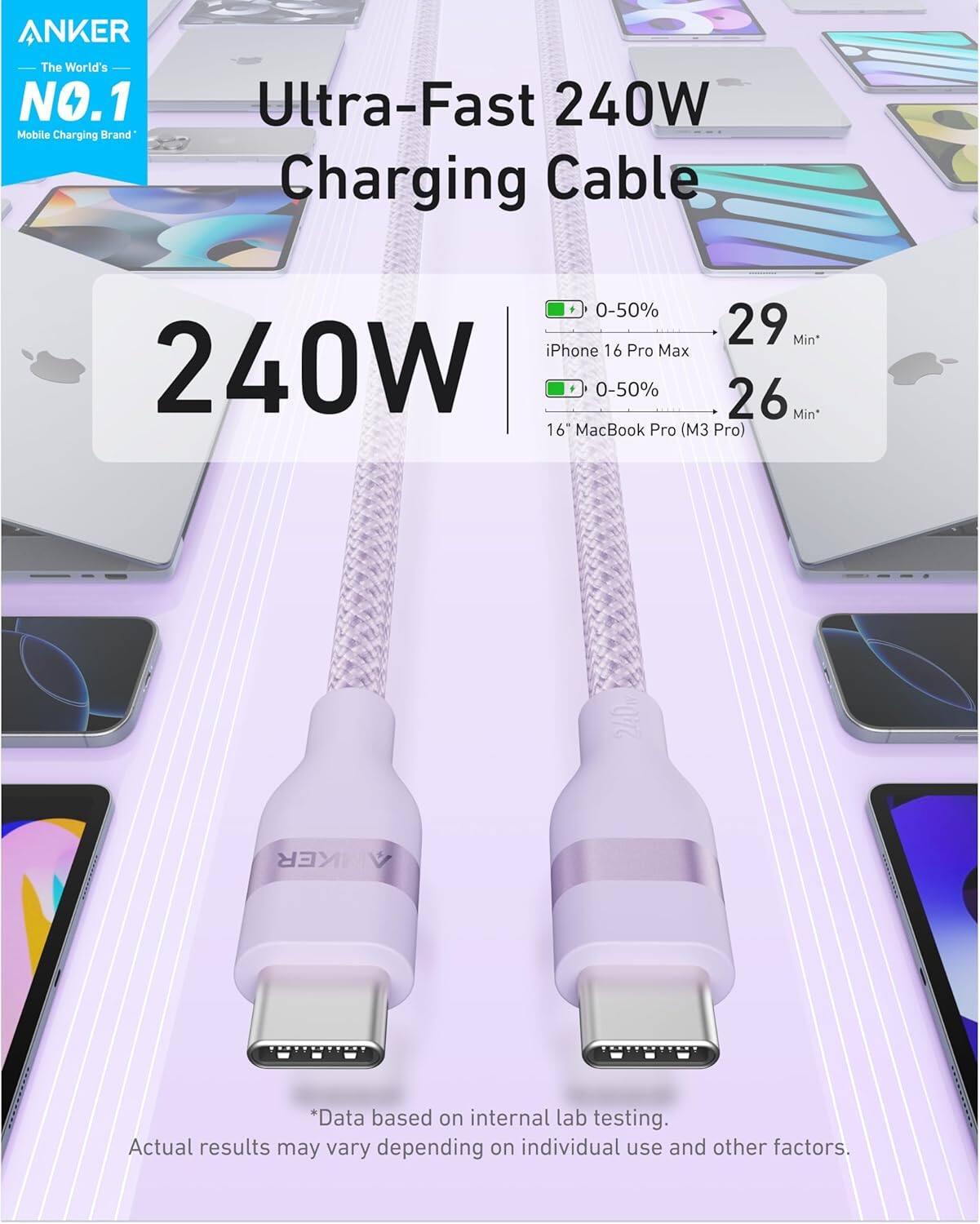 ANKER  
The World's NO.1 Mobile Charging Brand  

Ultra-Fast 240W Charging Cable  

240W  

0-50% iPhone 16 Pro Max: 29 Min*  
0-50% 16" MacBook Pro (M3 Pro): 26 Min*  

*Data based on internal lab testing. Actual results may vary depending on individual use and other factors.