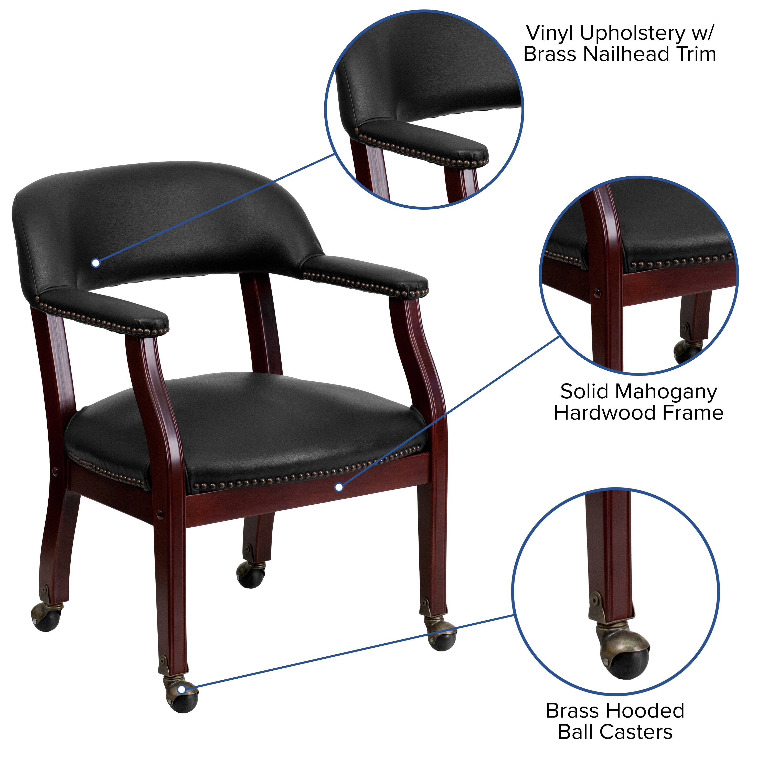 Vinyl Upholstery w/ Brass Nailhead Trim  
Solid Mahogany Hardwood Frame  
Brass Hooded Ball Casters