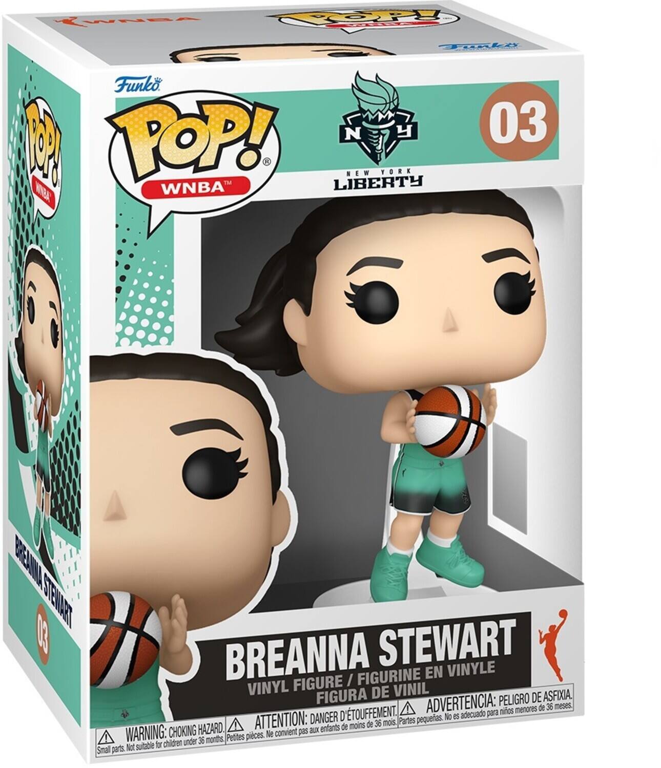 The text on the image is:

"Funko POP! WNBA New York Liberty 03 Breanna Stewart Vinyl Figure / Figurine en Vinyle / Figura de Vinil / Figura de Asfixia. Warning: Choking Hazard. Small parts. Not suitable for children under 36 months. Attention: Danger d'asphyxie. Petits pièces. Ne convient pas aux enfants de moins de 36 mois."

Corrected and grouped text:

"Funko POP! WNBA New York Liberty 03 Breanna Stewart Vinyl Figure / Figurine en Vinyle / Figura de Vinil / Figura de Asfixia. Warning: Choking Hazard. Small parts. Not suitable for children under 36 months. Attention: Danger d'asphyxie. Petits pièces. Ne convient pas aux enfants de moins de 36 mois."