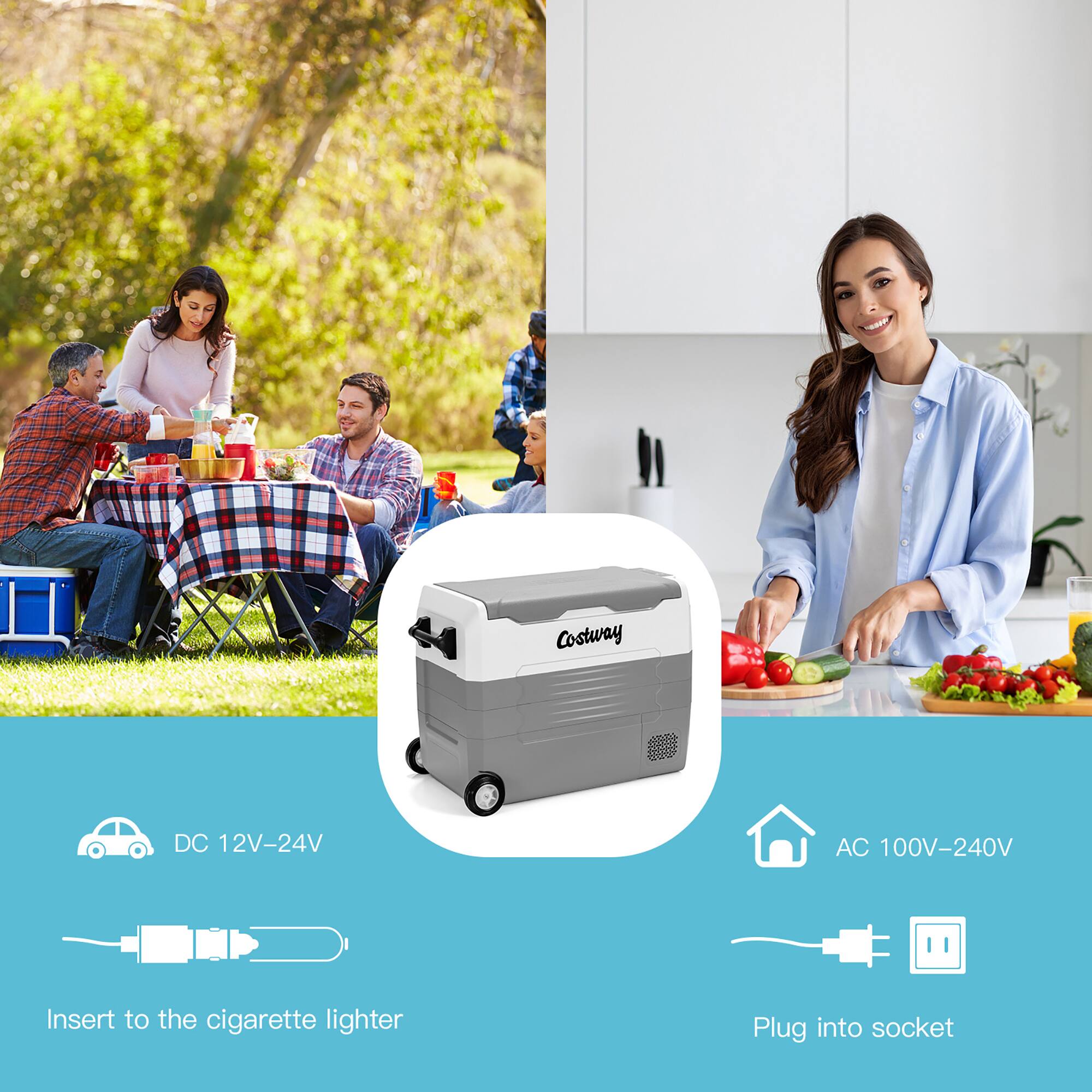 The image features a group of people enjoying a meal outdoors, with a woman standing in front of a table full of food. A Costway DC 12V-24V AC 100V-240V cigarette lighter is also present in the scene, with a plug inserted into a socket. The image is likely promoting a portable power source or an outdoor cooking appliance.