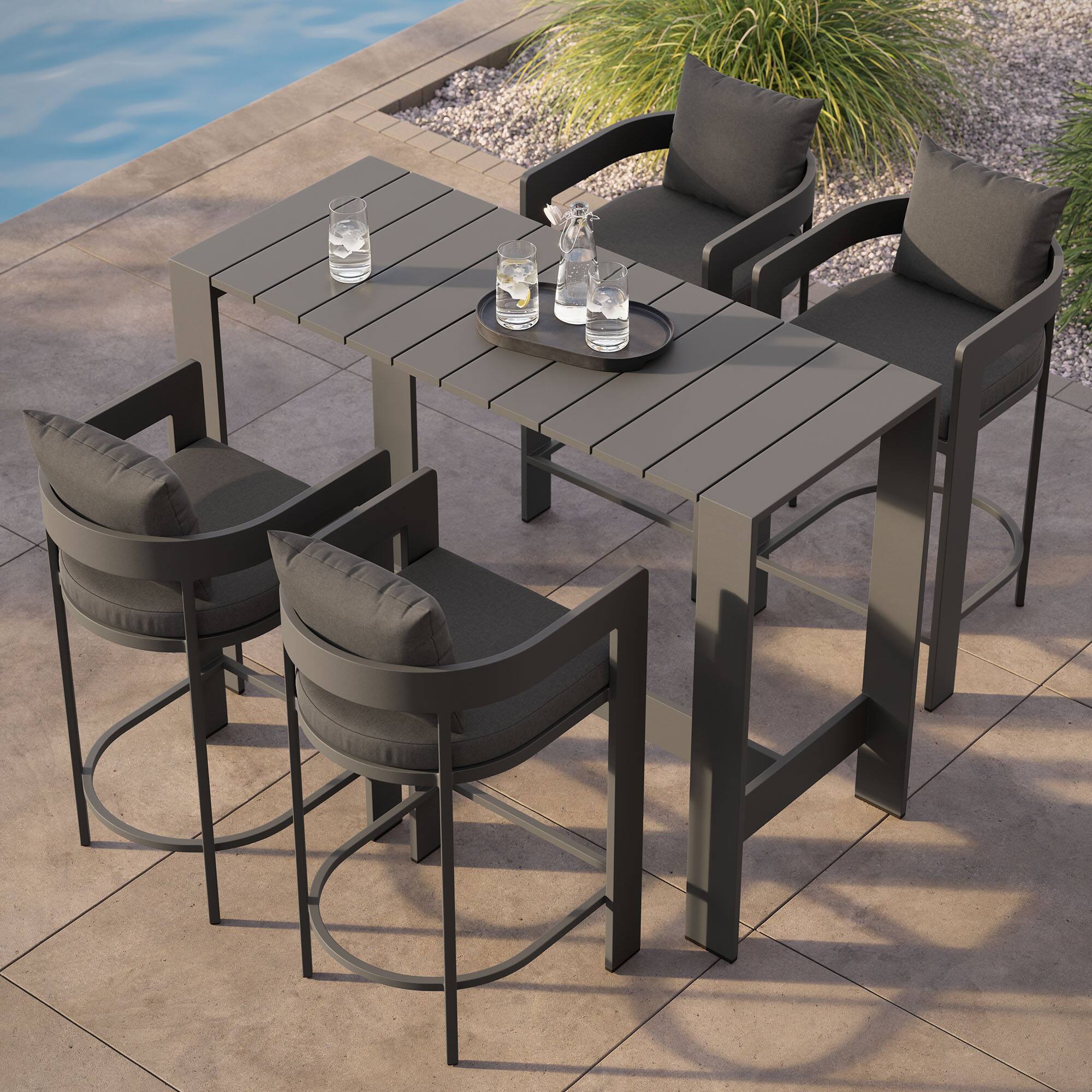 Alt View 3. Modway - Tahoe 5-Piece Outdoor Patio Bar Set - Aluminum Frame, Slatted Tabletop, Cushioned Bar Chairs - Charcoal.