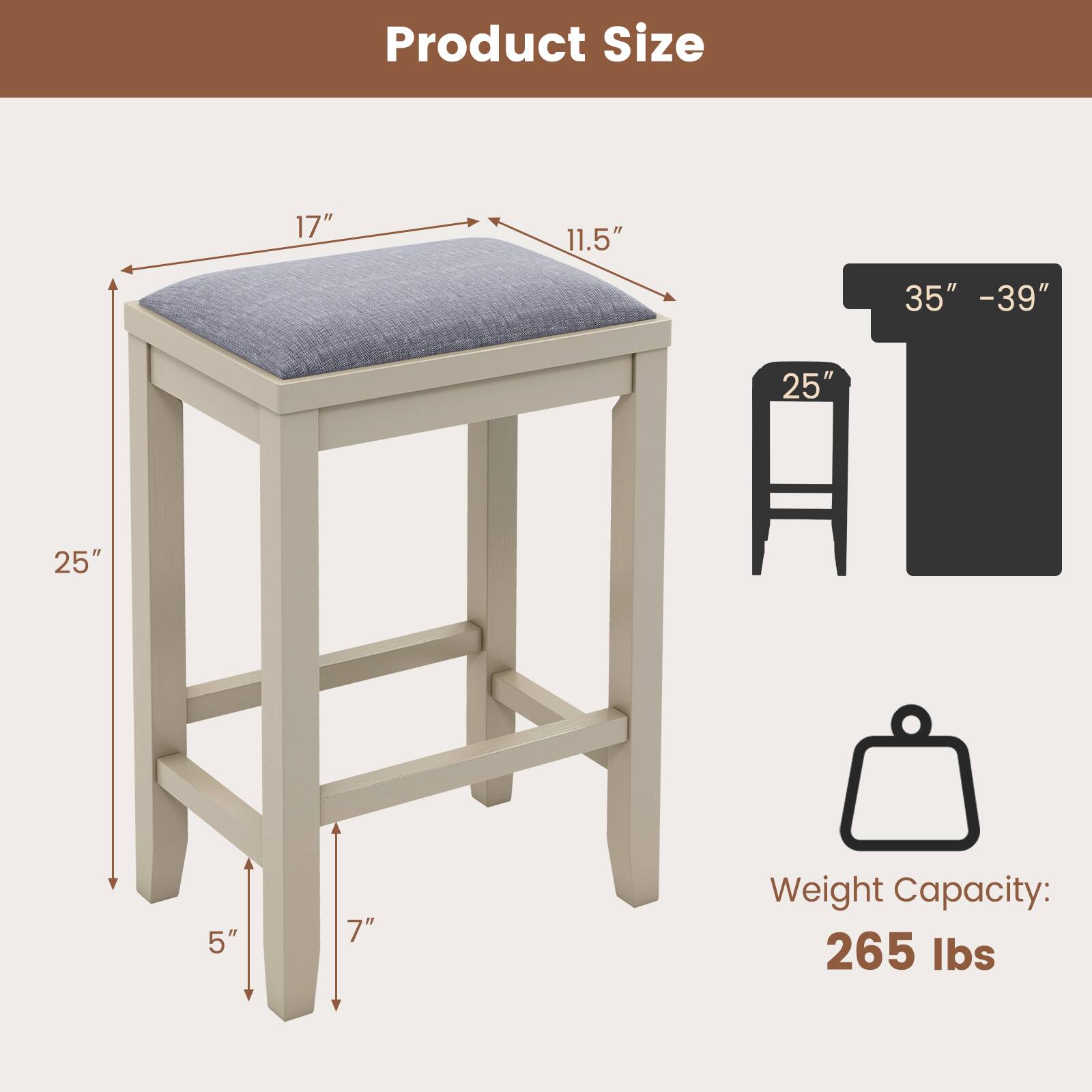 Product Size: 17", 11.5", 35" - 39", 25", 5", 7"

Weight Capacity: 265 lbs
