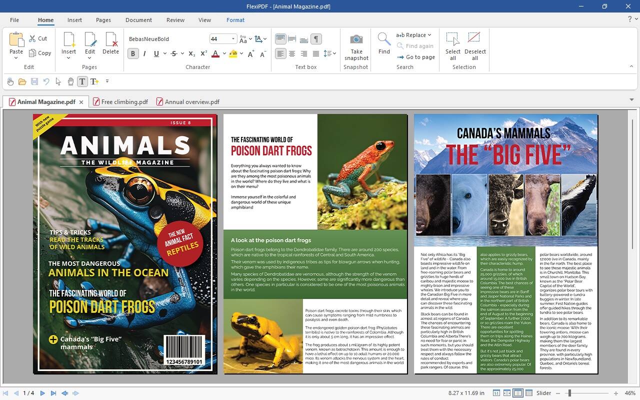 FlexiPDF [Animal Magazine.pdf] Home Insert Pages Document Review View Format Paste Copy edit BebasNeueBold Insert edit Delete Pages Character Text Replace Find again Take Find snapshot page Snapshot Search Select Deselect Selection Animal Magazine.pdf Free climbing.pdf Annual overview.pdf ISSUE THE FASCINATING WORLD OF ANIMALS POISON DART FROGS THE WILDLIFE MAGAZINE Everything you've always wanted to know about fascinating poison dart frogs among poisonous animals CANADA'S MAMMALS THE "BIG FIVE" Immerse yourself in the colorful and unique world of poison dart frogs! TIPS, TRICKS, AND NEW READ THE TRACKS ANIMAL FACTS WILD ANIMALS REPTILES THE MOST DANGEROUS ANIMALS IN THE OCEAN THE FASCINATING WORLD OF POISON DART FROGS Canada's "Big Five" mammals 123456789101 look at poison dart frogs Poison frogs belong to the Dendrobatidae family, which has around 175 species. These amphibians are known for their venomous nature, with the strength of their venom depending on the species. However, they are not aggressive towards humans and are primarily used by indigenous tribes for blowgun arrows in hunting.