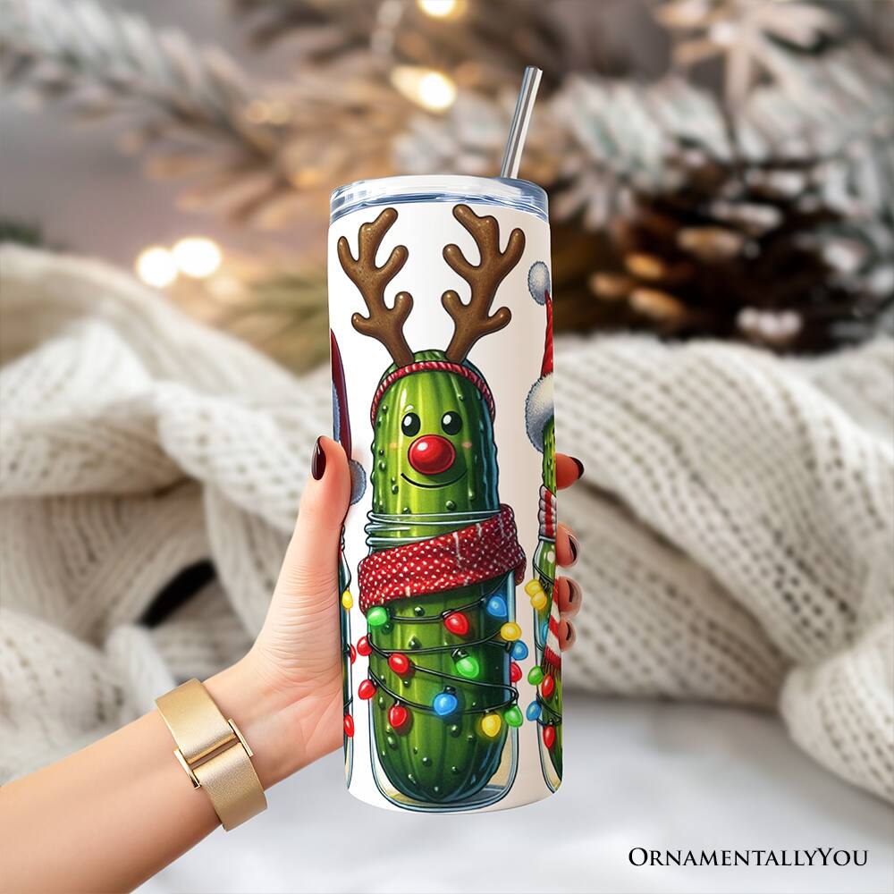 Left. OrnamentallyYou - Christmas Pickles 20oz Tumbler With Lid and Stainless Steel Straw - Multicolored.
