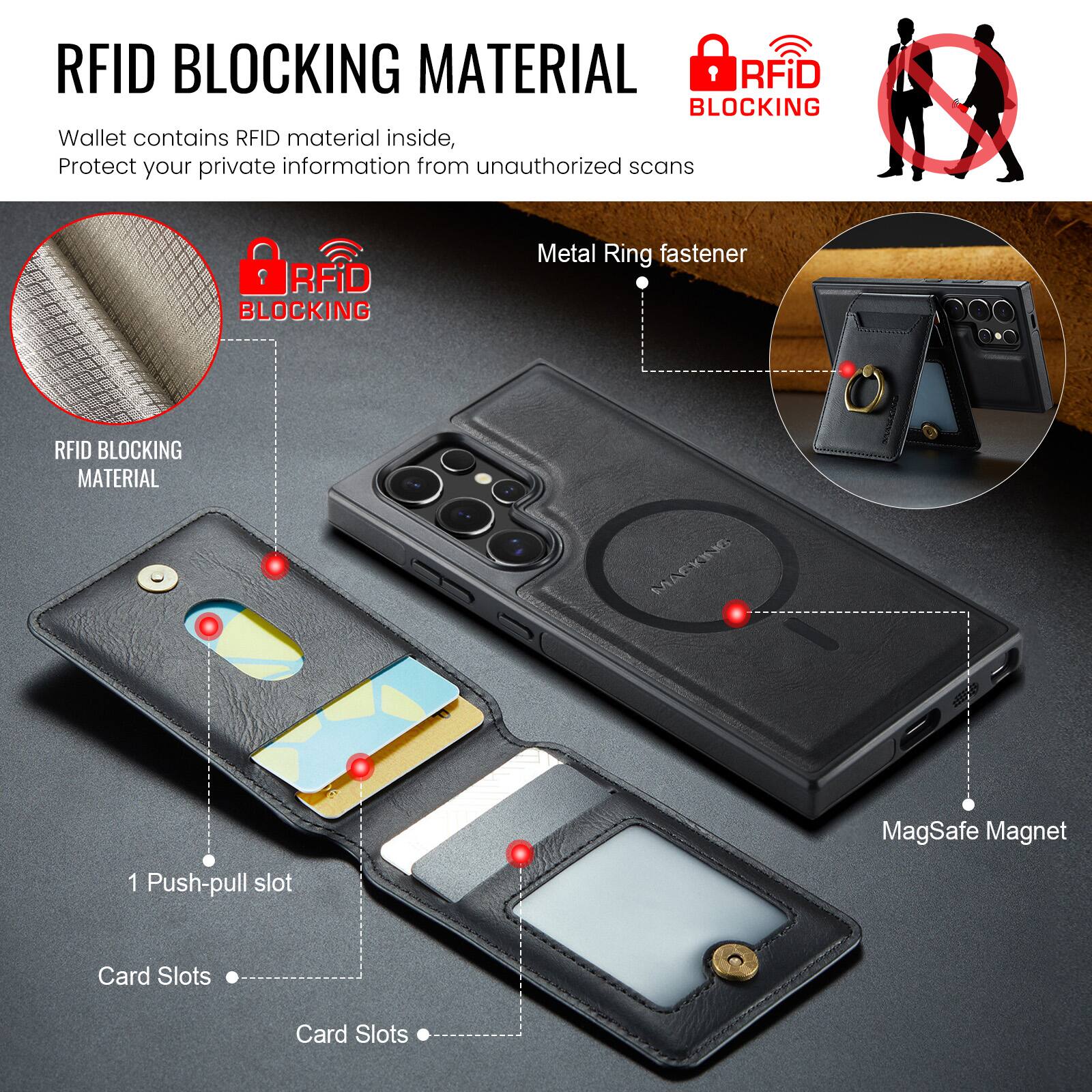 RFID BLOCKING MATERIAL

Wallet contains RFID material inside, Protect your private information from unauthorized scans

RFID BLOCKING

Metal Ring fastener

RFID BLOCKING MATERIAL

1 Push-pull slot

Card Slots

Card Slots

MagSafe Magnet