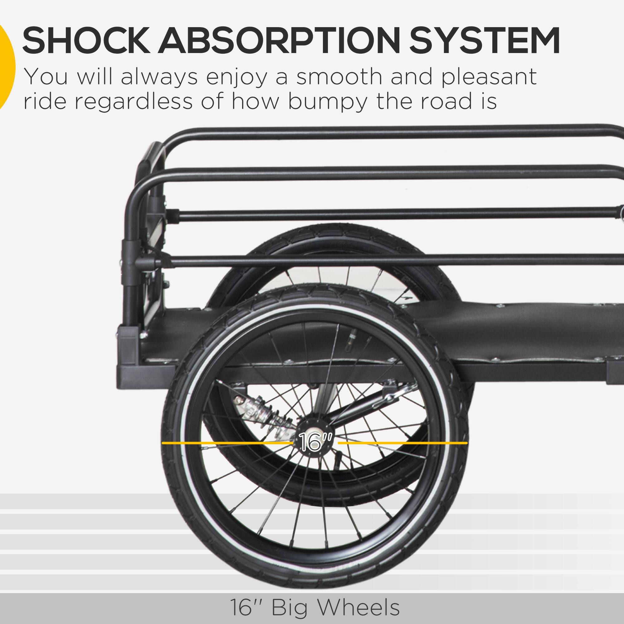 SHOCK ABSORPTION SYSTEM, You will always enjoy a smooth and pleasant ride regardless of how bumpy the road is, 16" Big Wheels