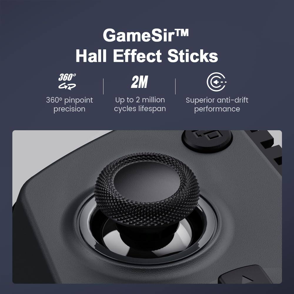 GameSir™  
Hall Effect Sticks  

360° pinpoint precision  
Up to 2 million cycles lifespan  
Superior anti-drift performance