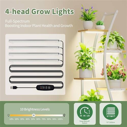 4-head Grow Lights  
Full-Spectrum  
Boosting Indoor Plant Health and Growth  

10 Brightness Levels  
10% 20% 30% 40% 50% 60% 70% 80% 90% 100%  

3h 9h 12h Timer shut-off feature  

72/183cm Adjustable