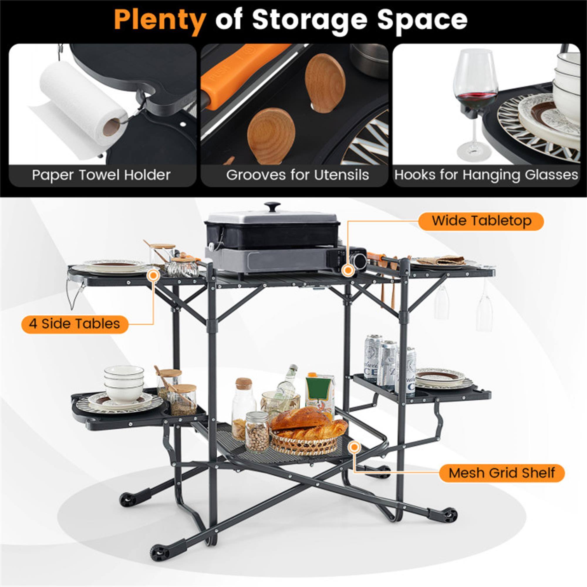 Plenty of Storage Space

- Paper Towel Holder
- Grooves for Utensils
- Hooks for Hanging Glasses
- Wide Tabletop
- 4 Side Tables
- Mesh Grid Shelf