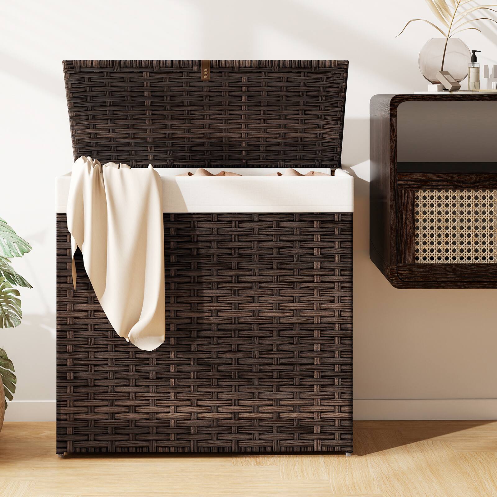 Alt View 4. Gymax - Gymax Laundry Hamper w/Wheels & Lid 125L 3-Section Clothes Hamper w/2 Liner Bags Brown - Brown.